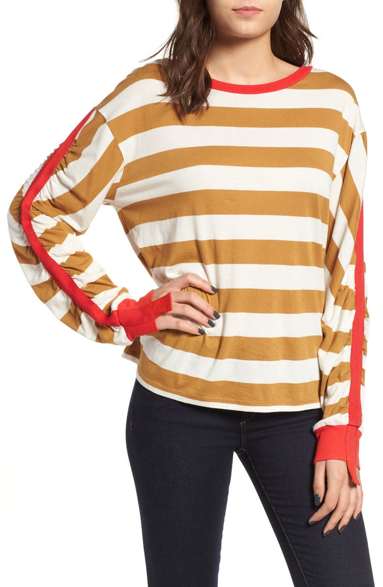 Cinch Sleeve Stripe Tee, Main, color, BROWN CATTAIL IRENE STRIPE