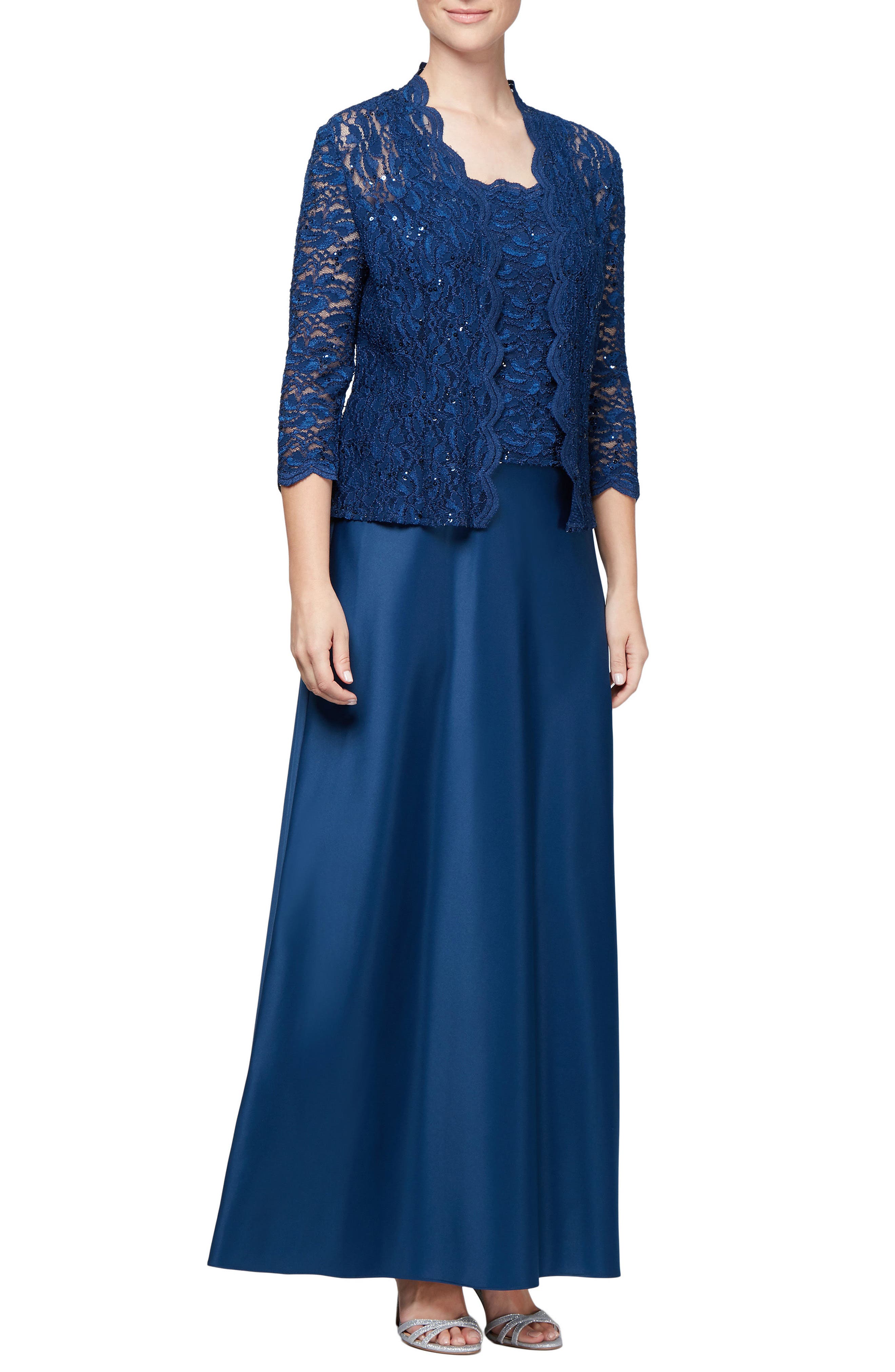 Alex Evenings Sequin Lace Gown & Jacket, Blue