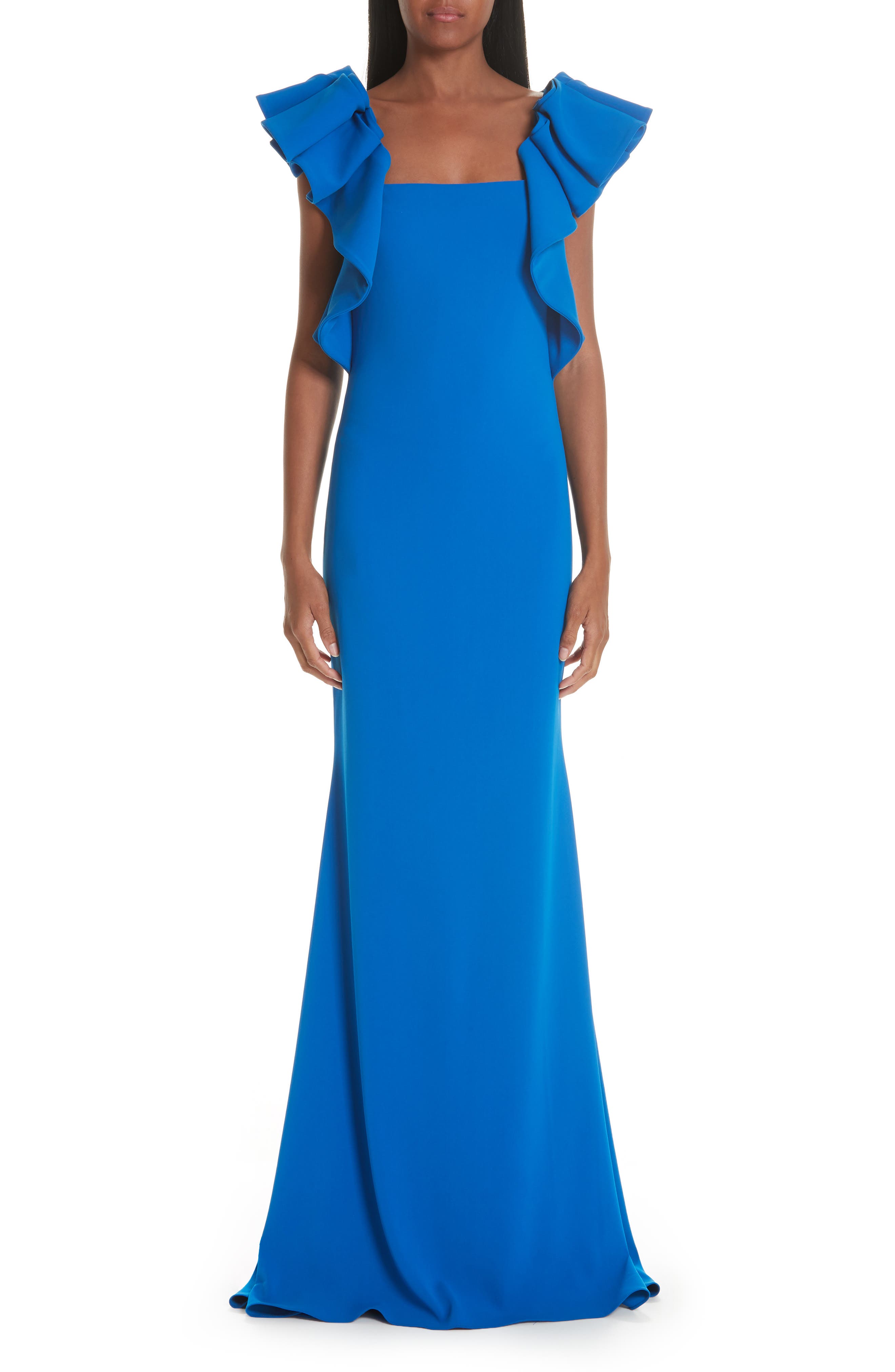 Badgley Mischka Collection Ruffle Shoulder Evening Dress, Blue