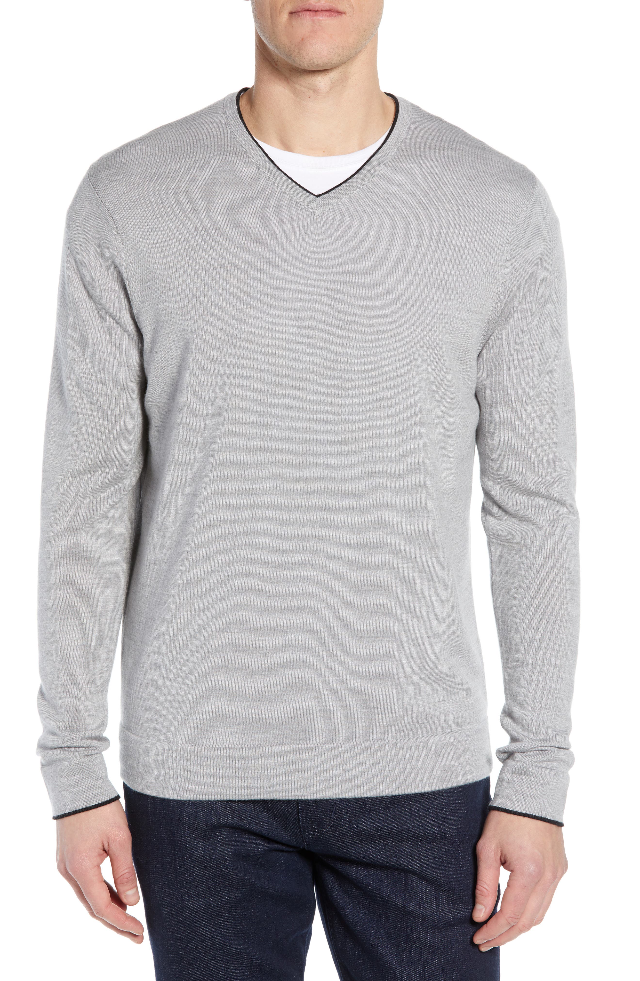 Nordstrom Signature Merino Wool Blend V-Neck Sweater, Grey