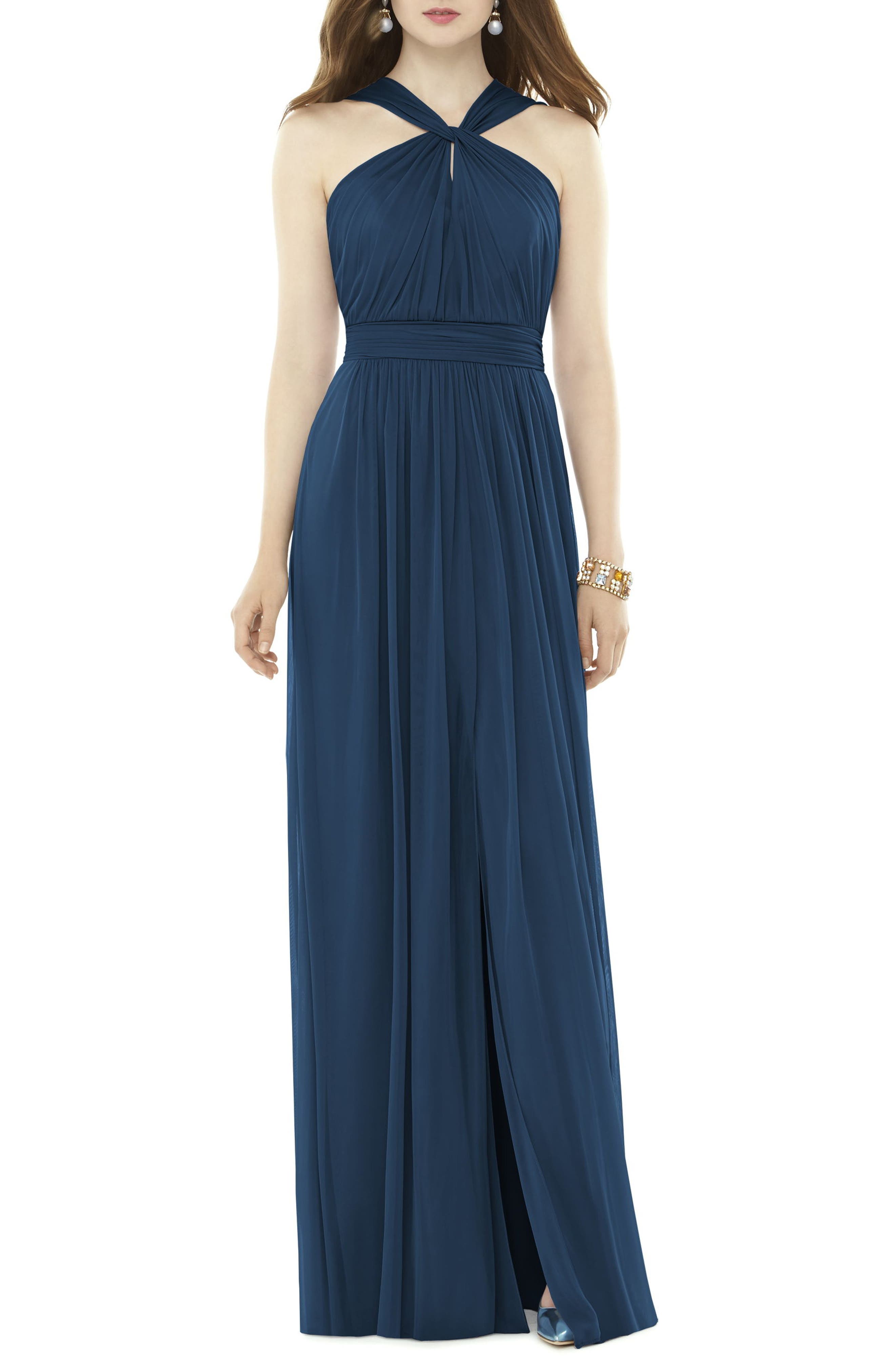 Alfred Sung Twist Neck Chiffon Knit Gown, Blue