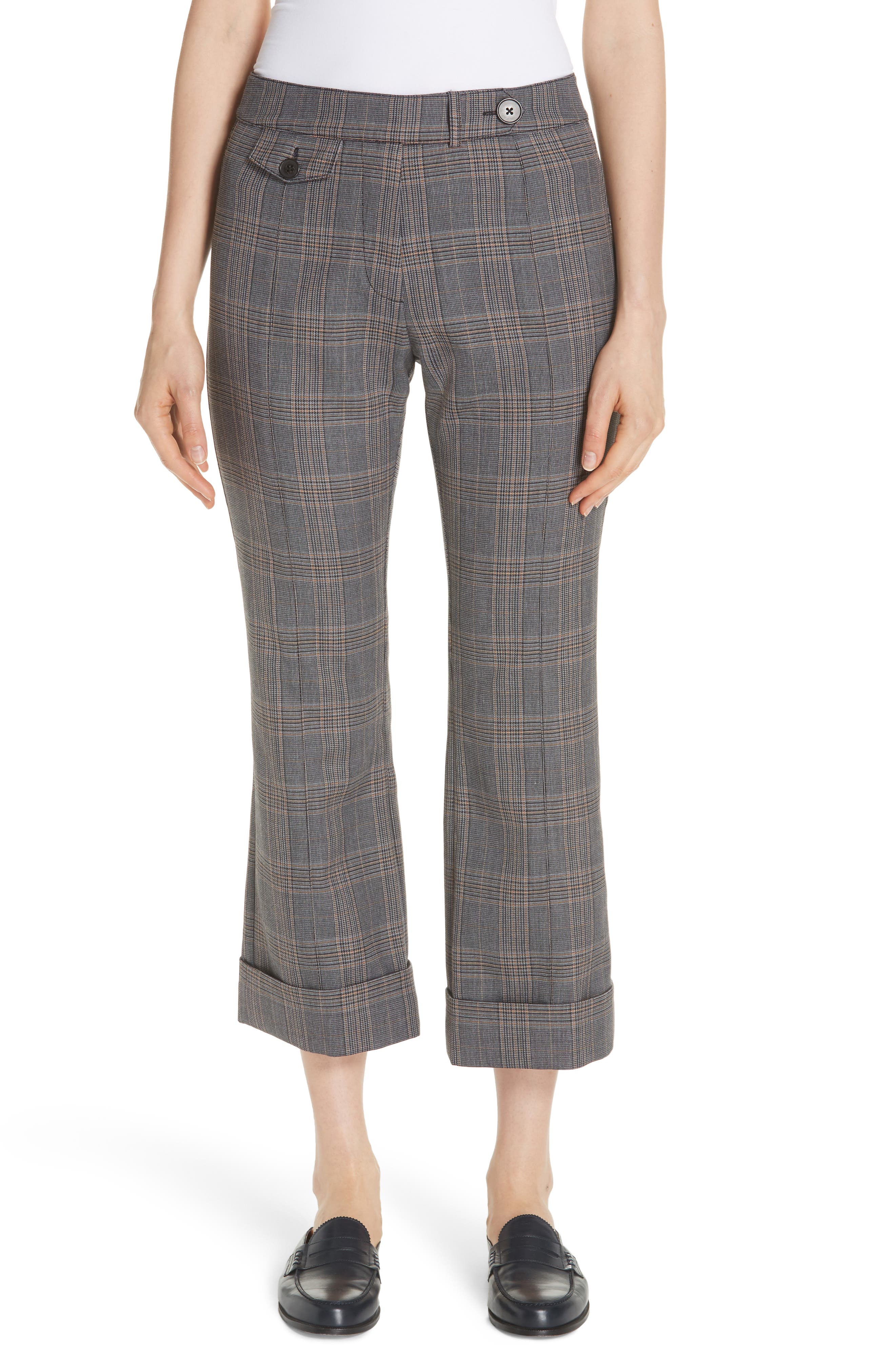 Derek Lam 10 Crosby Plaid Crop Flare Pants, Grey