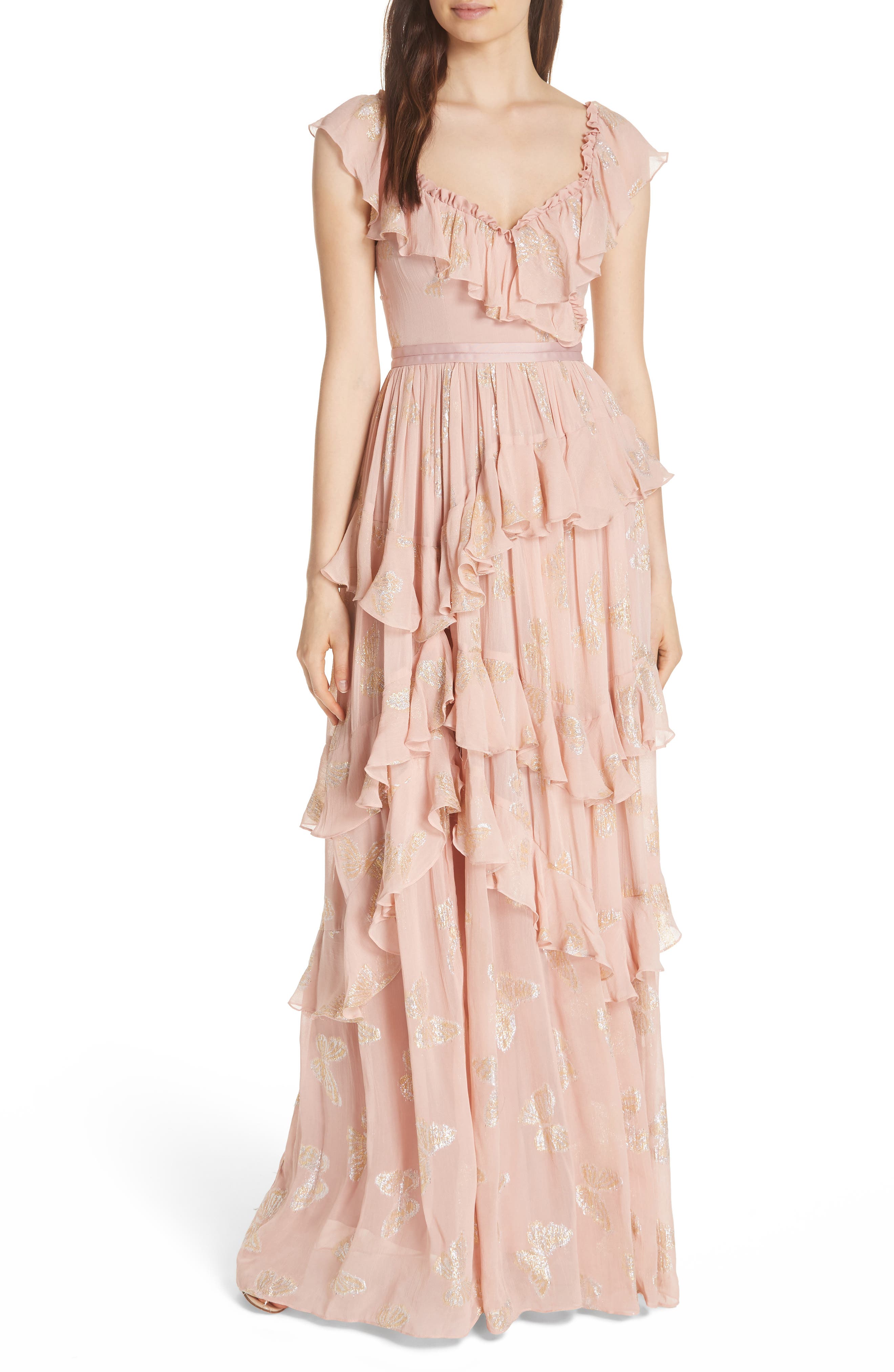 Needle & Thread Ruffled Lurex Butterfly Gown, Pink