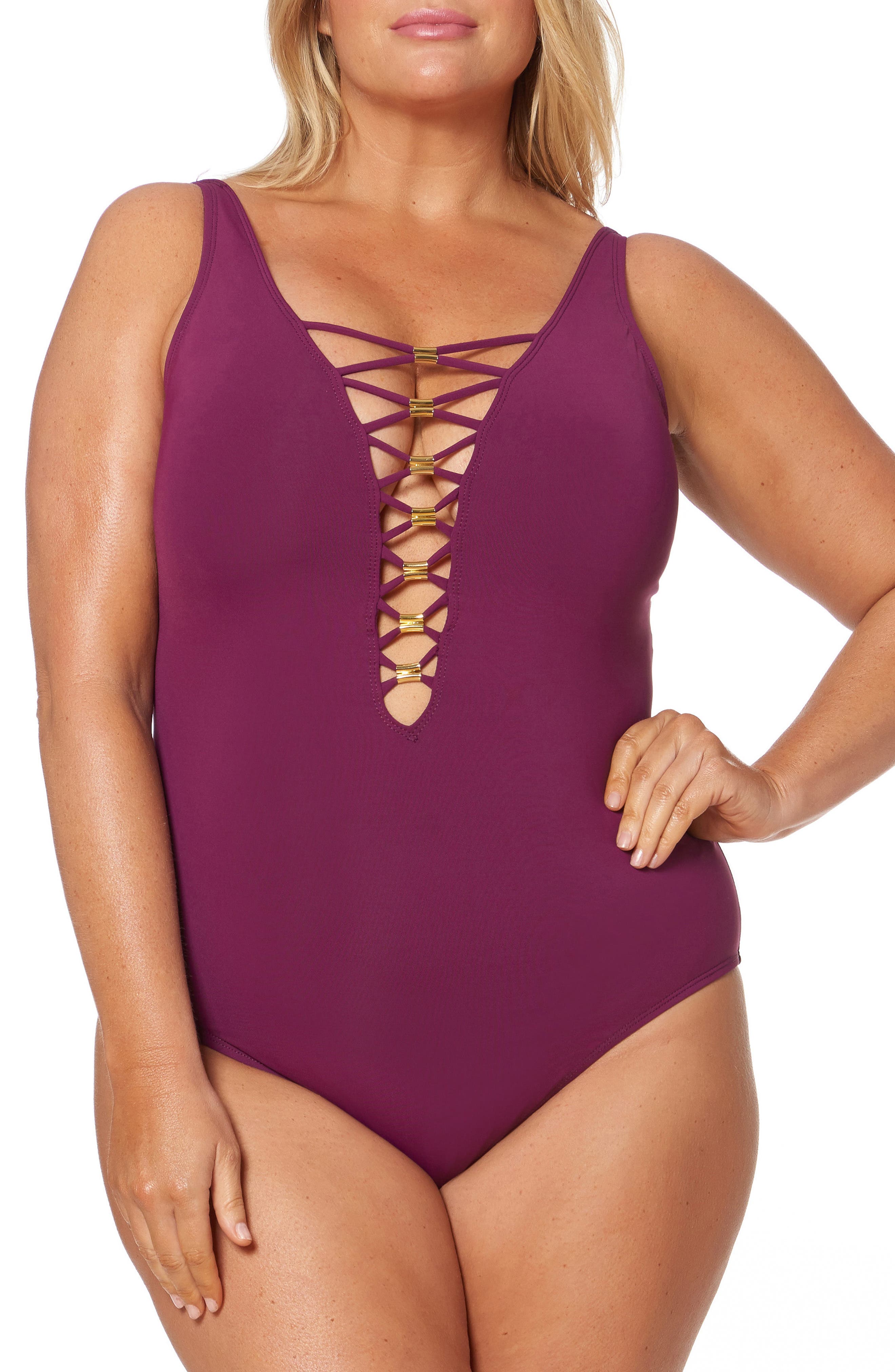 Plus Size Bleu By Rod Beattie Lace Down One-Piece Swimsuit, Purple