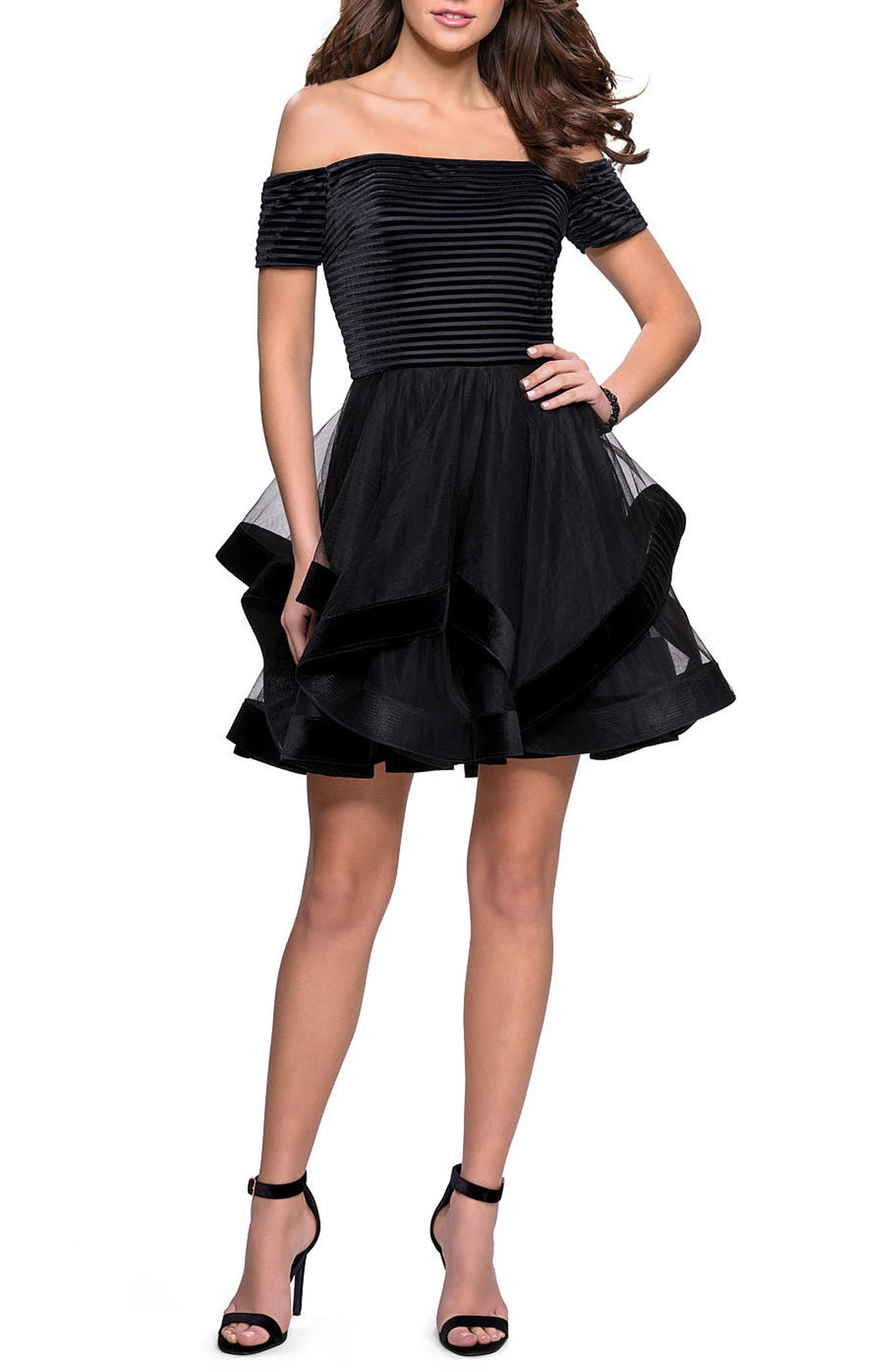 La Femme Off The Shoulder Velvet & Tulle Party Dress, Black