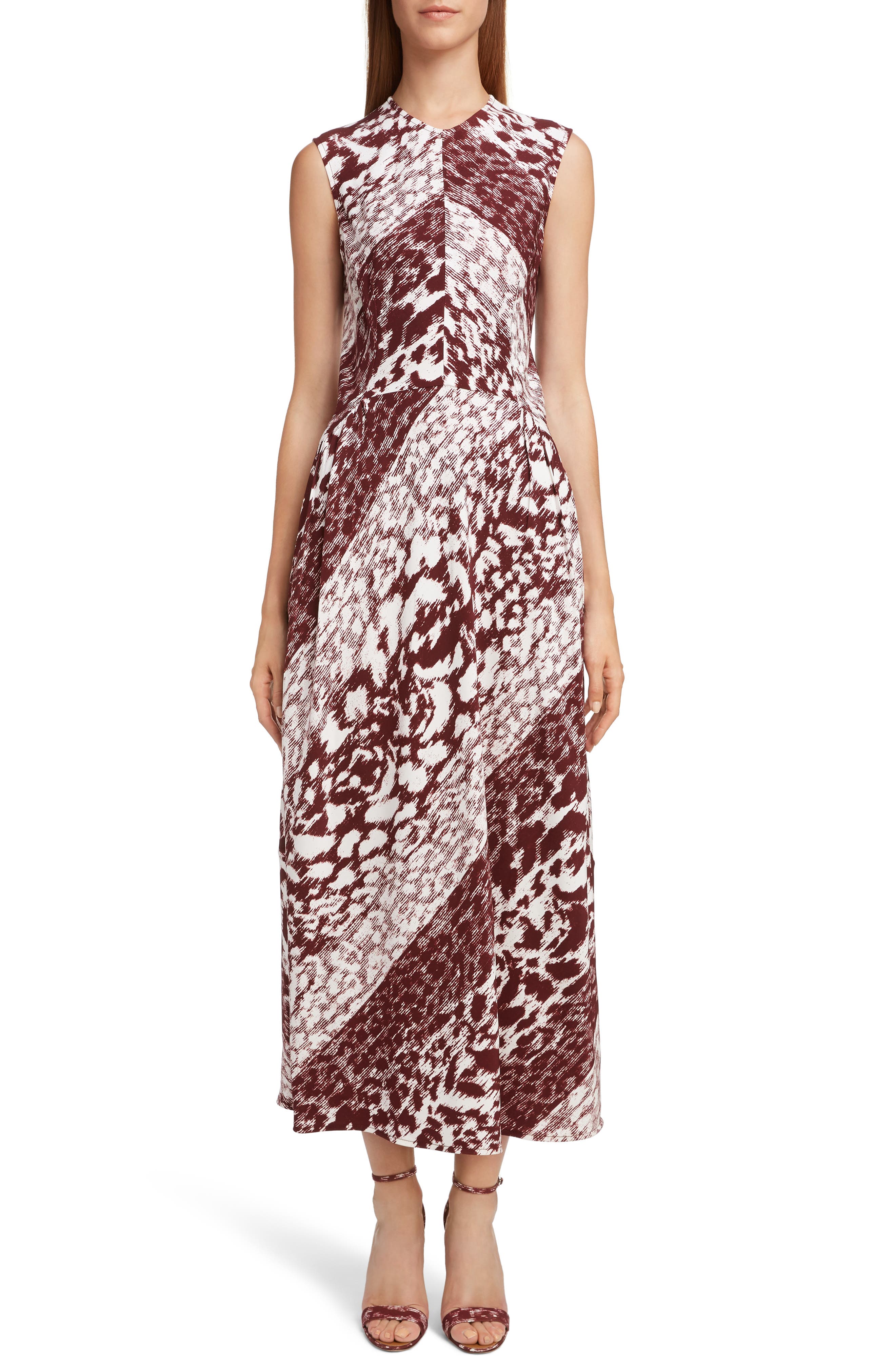 Victoria Beckham Print Side Gather Midi Dress, US / 14 UK - Burgundy