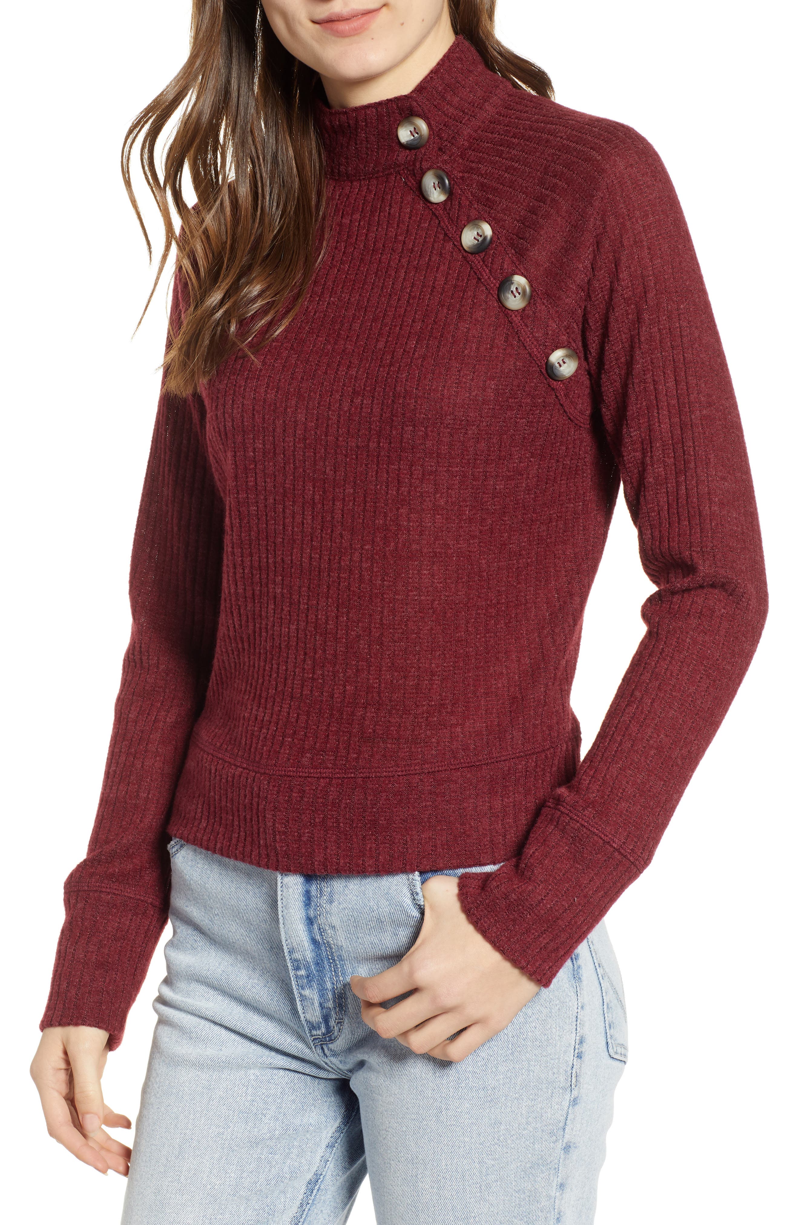 Socialite Mock Neck Button Sweater, Burgundy