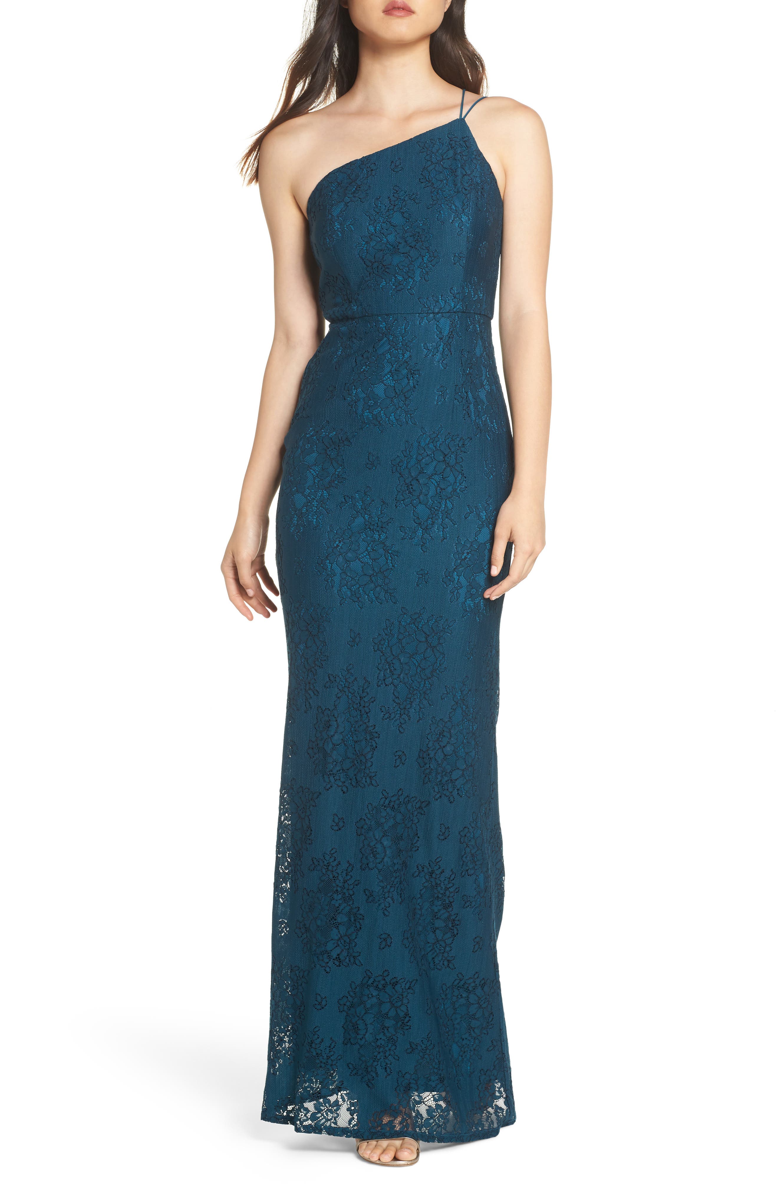 Adrianna Papell One-Shoulder Lace Gown