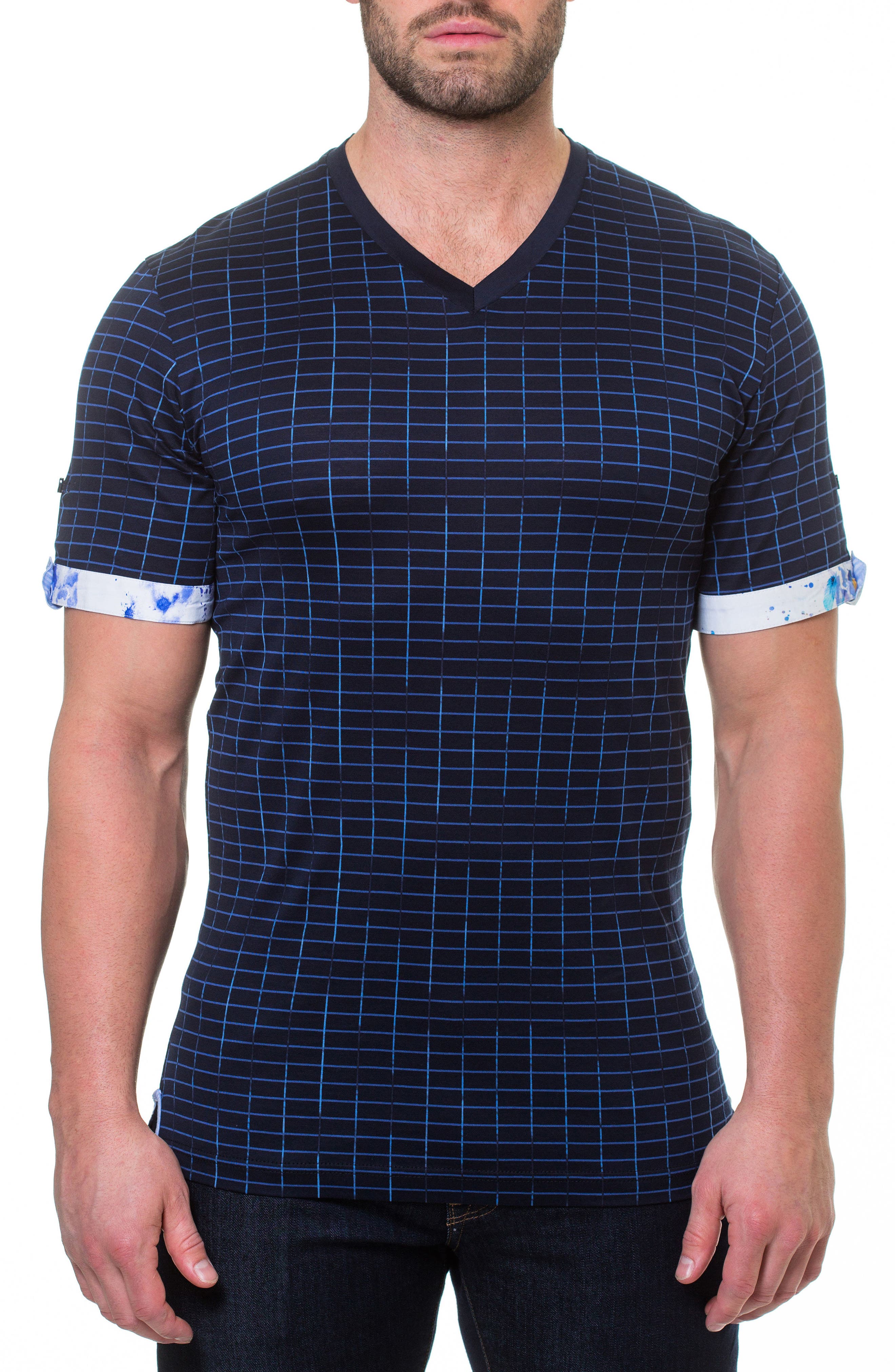 Maceoo Short Sleeve V-Neck Framework T-Shirt, Blue