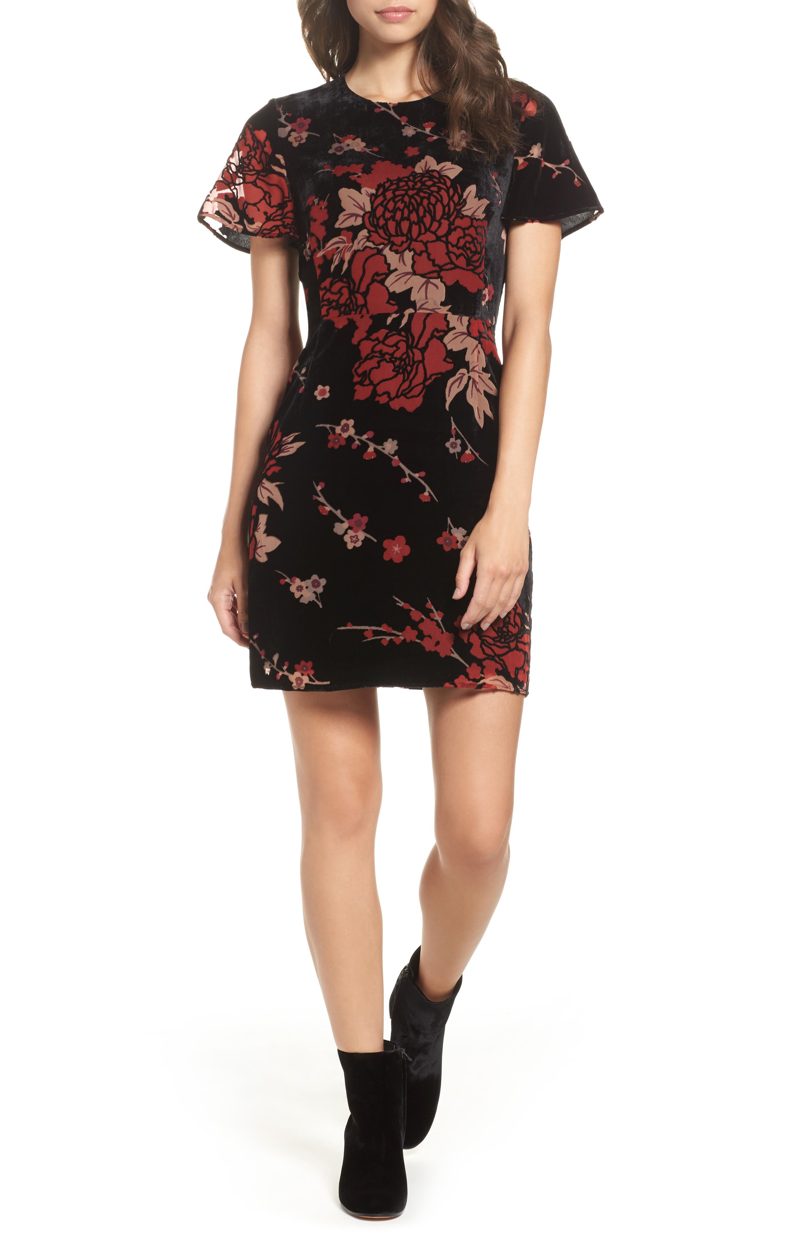 French Connection Wilma Devore Burnout Velvet A-Line Dress, Black