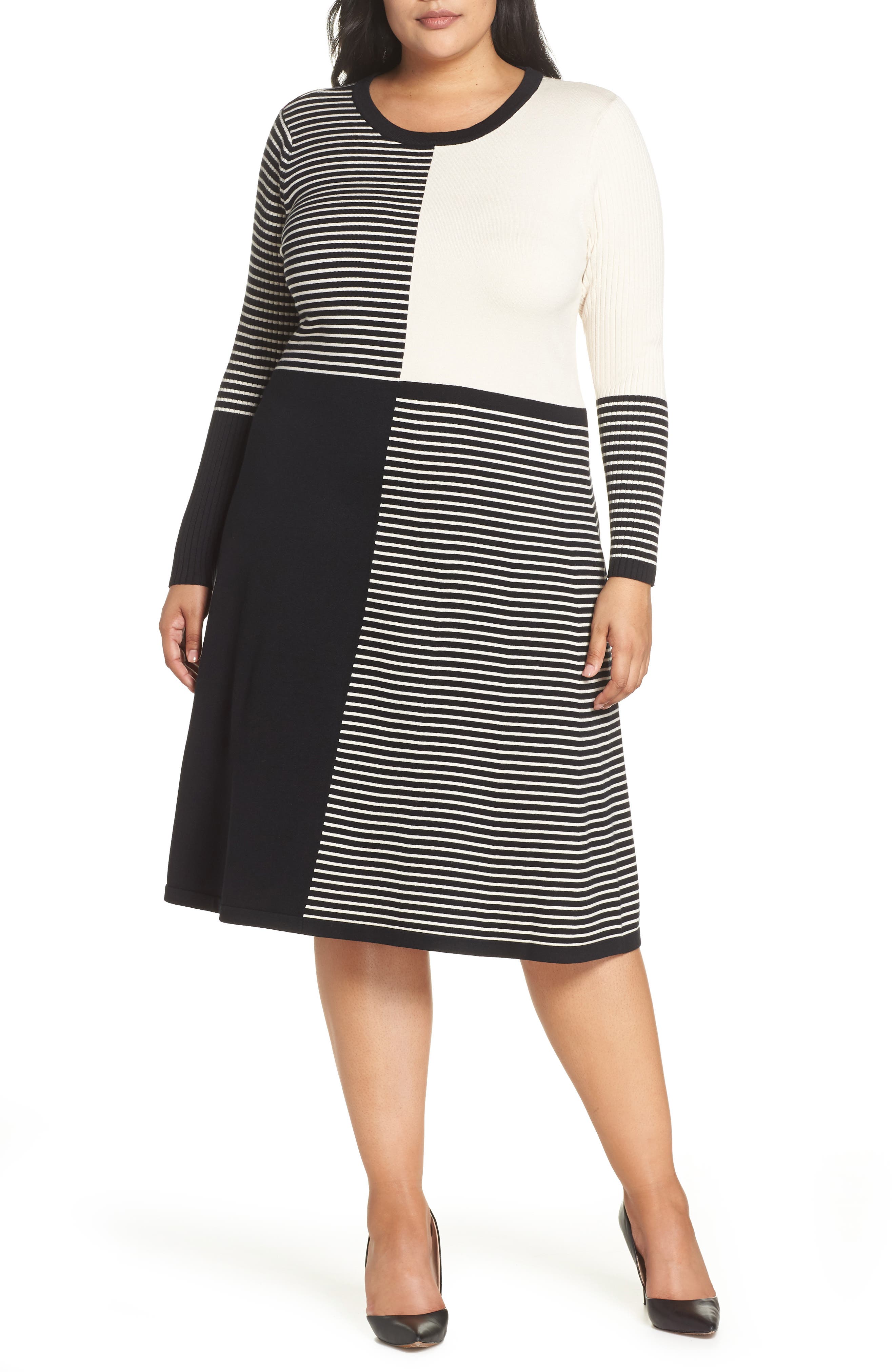 Plus Size Eliza J Placed Stripe Midi Sweater Dress