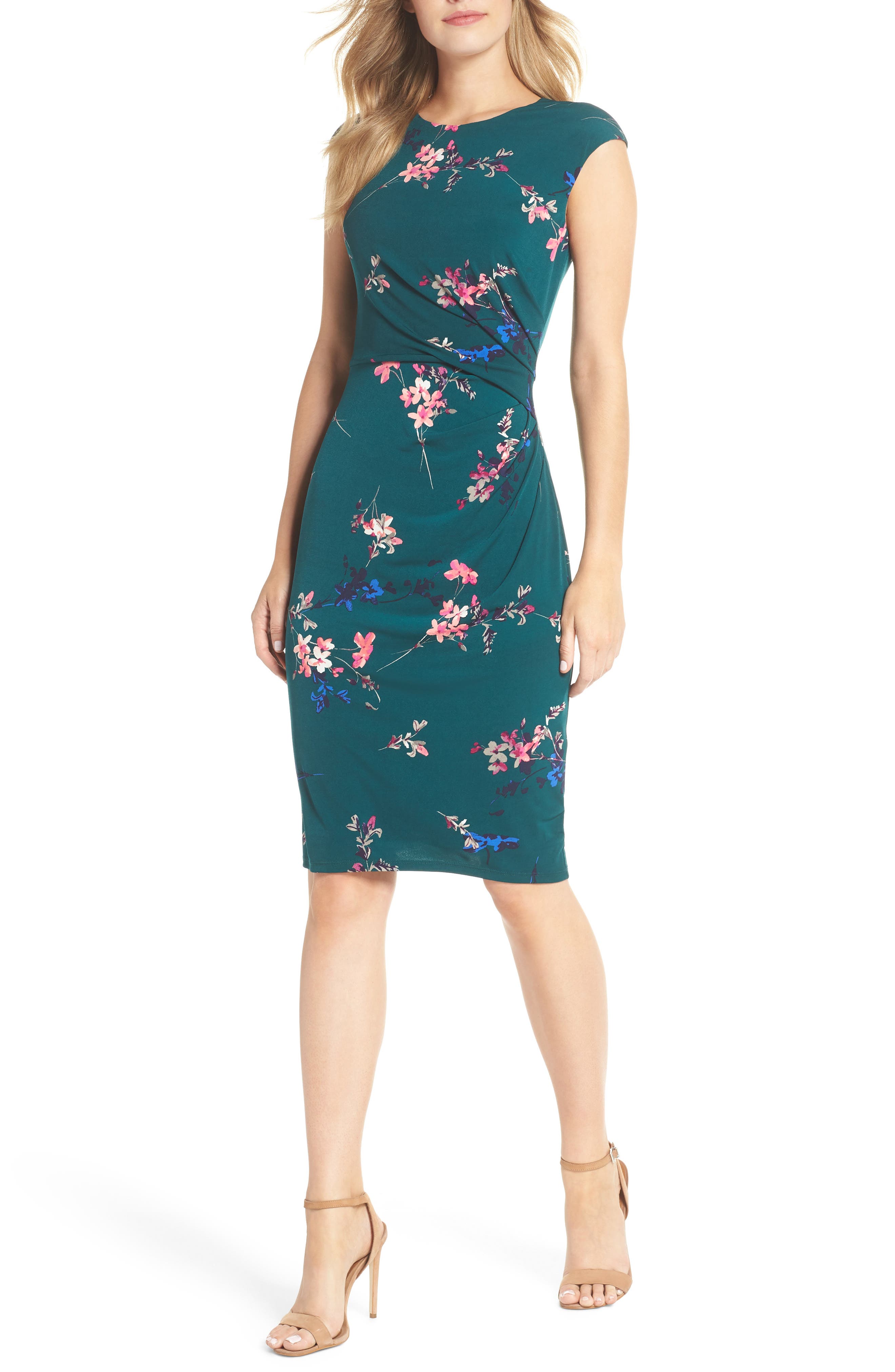 Eliza J Cap Sleeve Floral Print Sheath Dress, 8 (similar to 1) - Green
