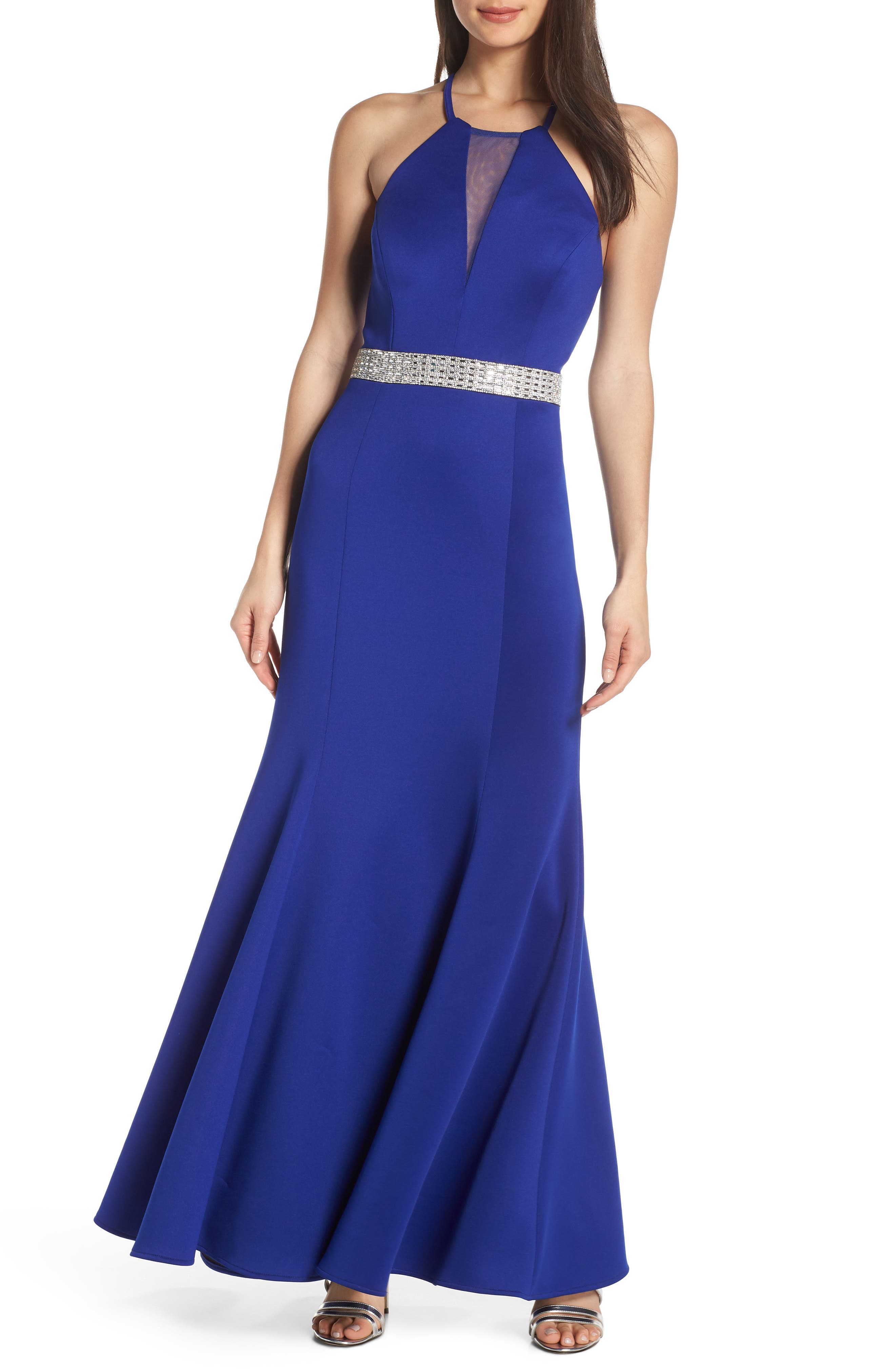 Morgan & Co. Jeweled Waist Scuba Crepe Evening Dress, Blue