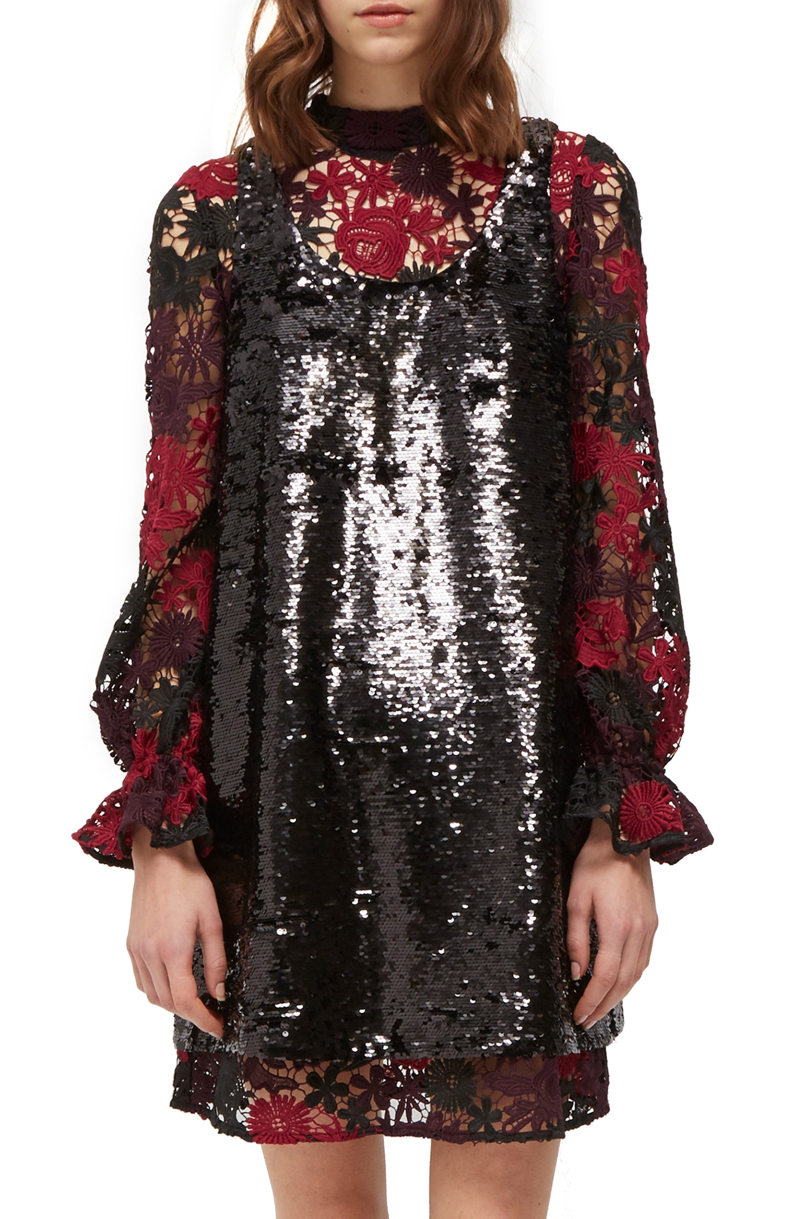 French Connection Cynthia Sequin & Lace Shift Dress, Black