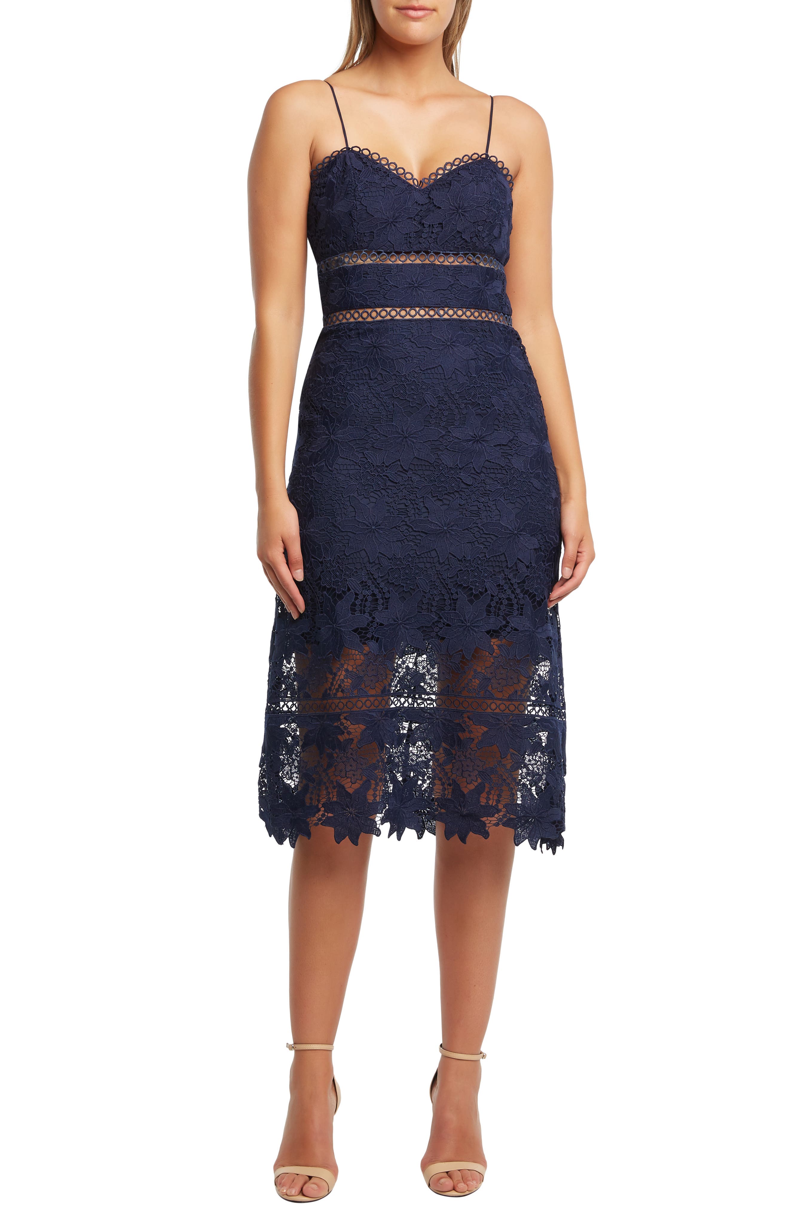 Bardot Koko Lace Tea Length Dress, Blue