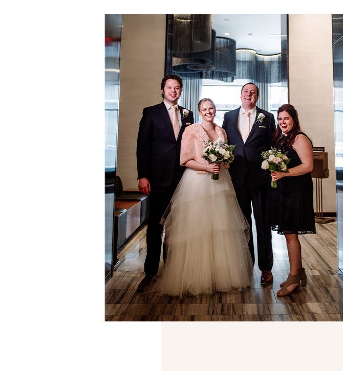 Real Weddings: bride Katie Devlaminck, groom Dan Krisch and two of their wedding party.