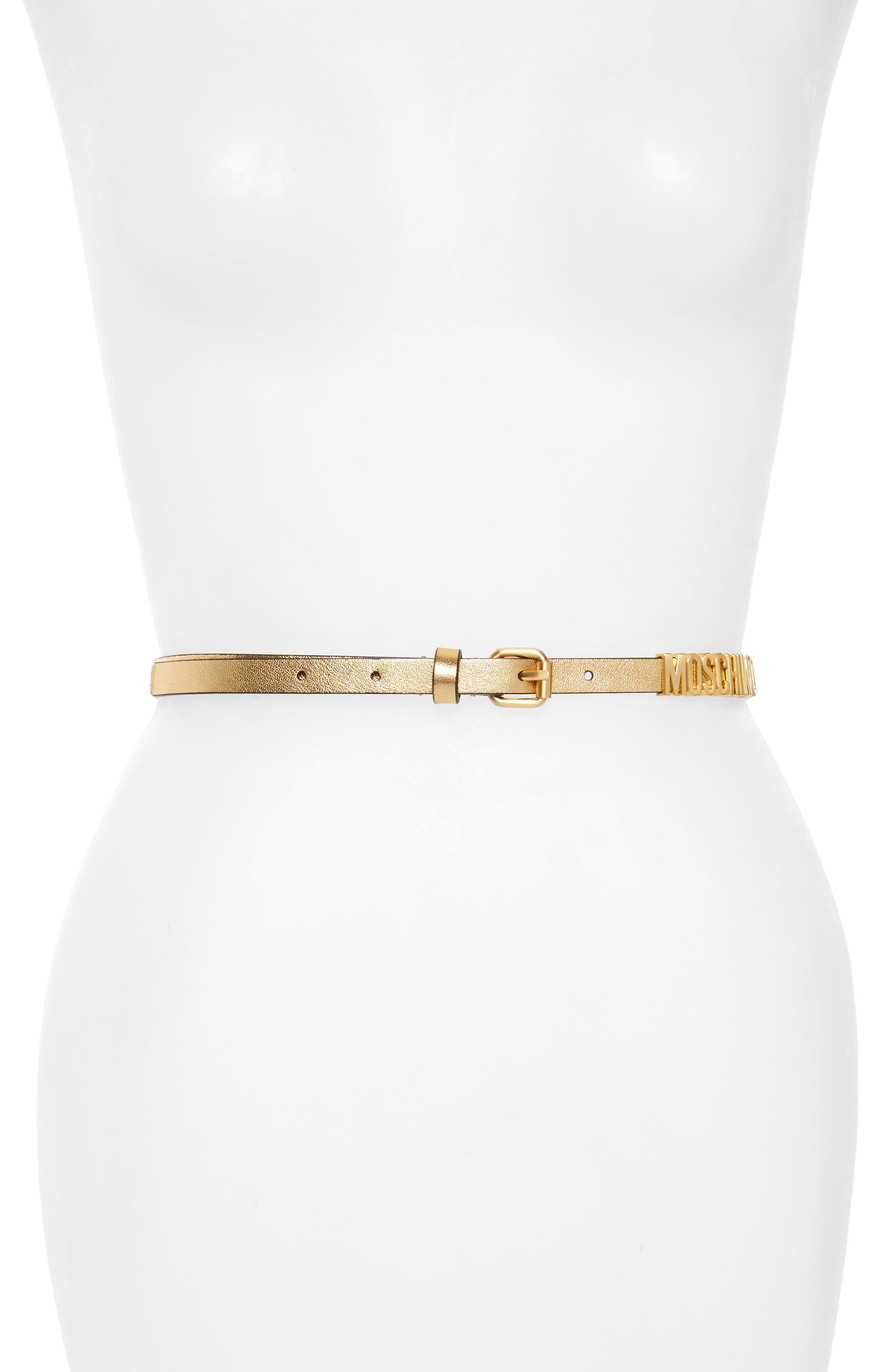 Moschino Logo Skinny Metallic Leather Belt, Gold/ Gold