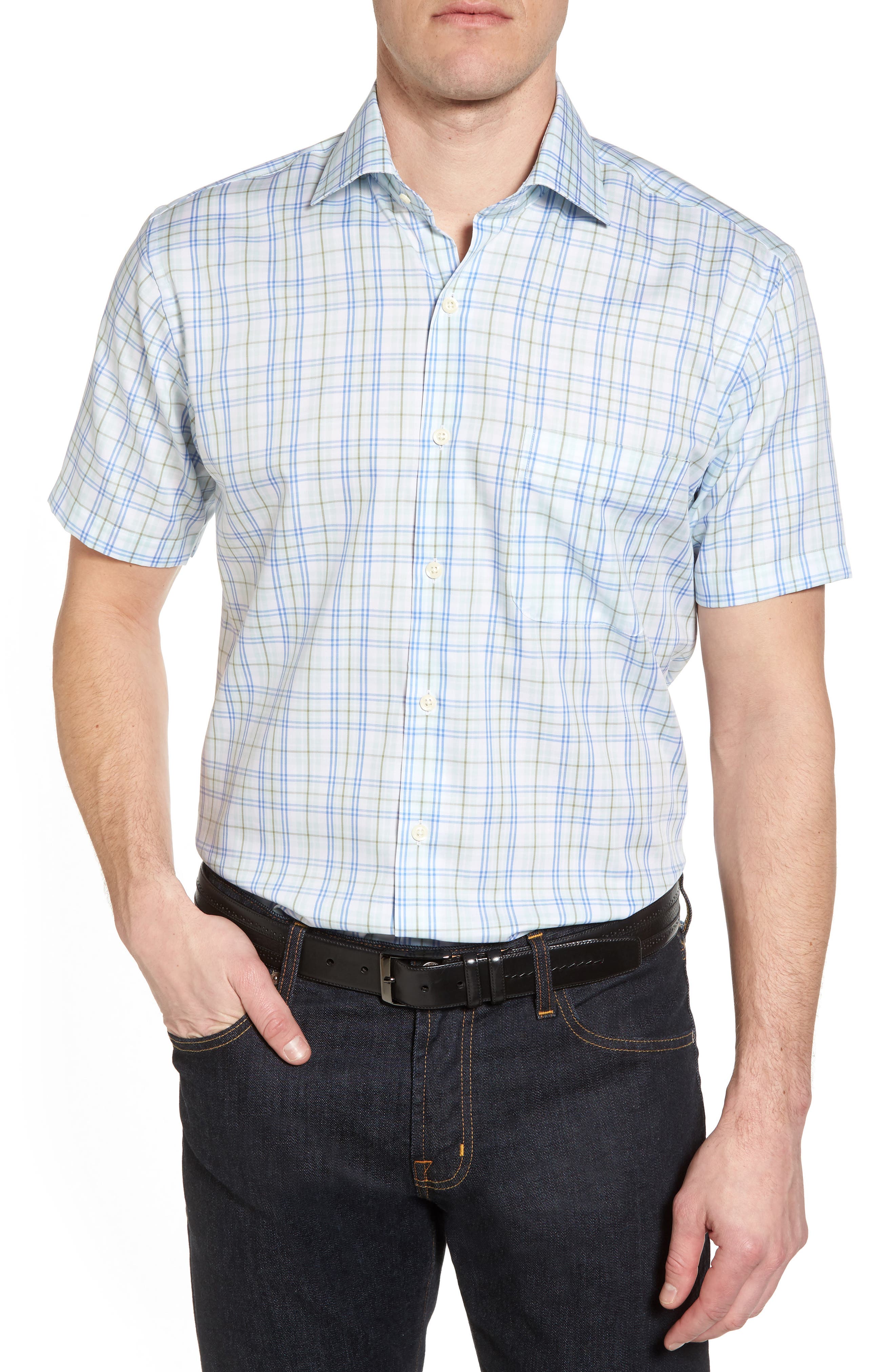 Peter Millar Crown Ease Sloan Regular Fit Plaid Sport Shirt, Blue