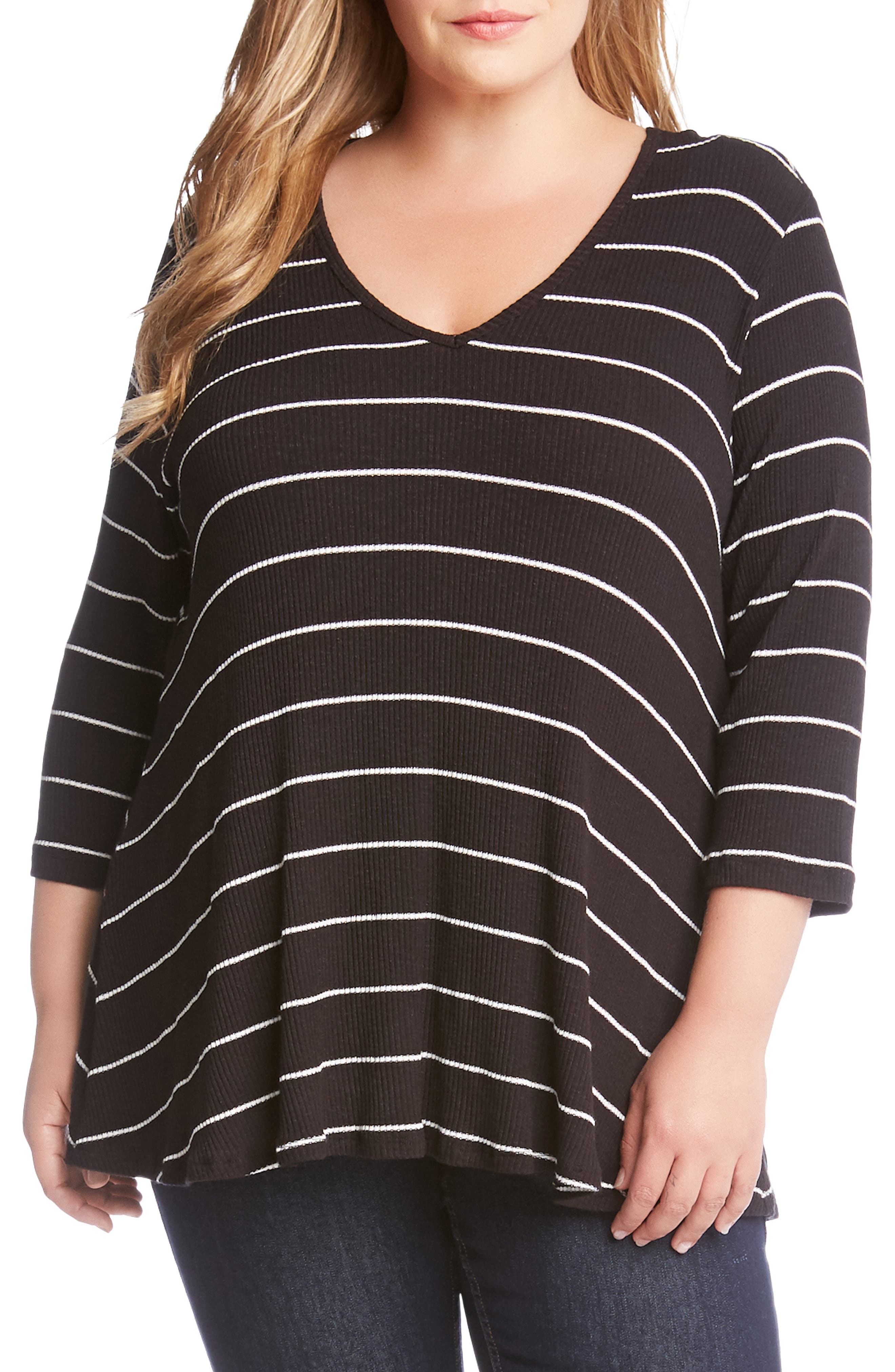 Plus Size Karen Kane Ribbed Stripe Top, Black