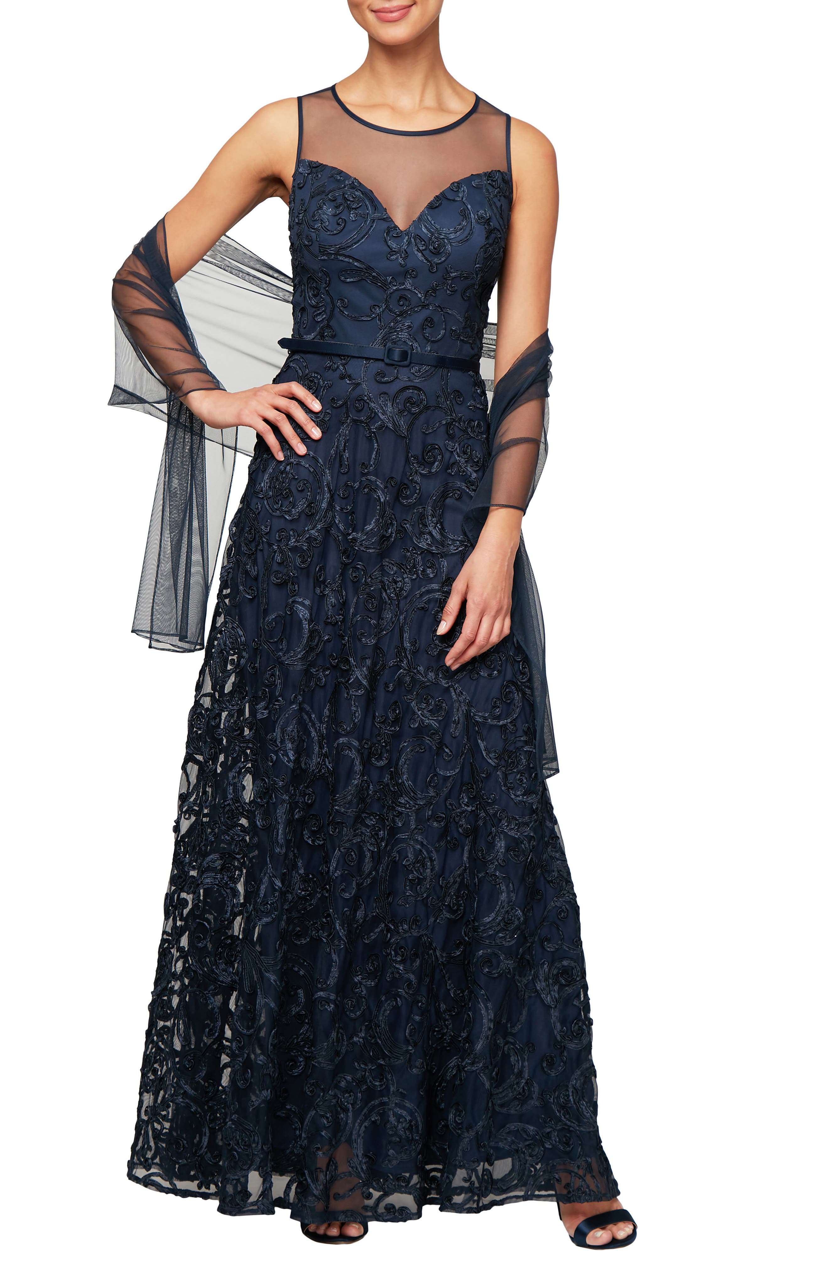 Petite Alex Evenings Illusion Neck Soutache Evening Dress With Wrap, Blue