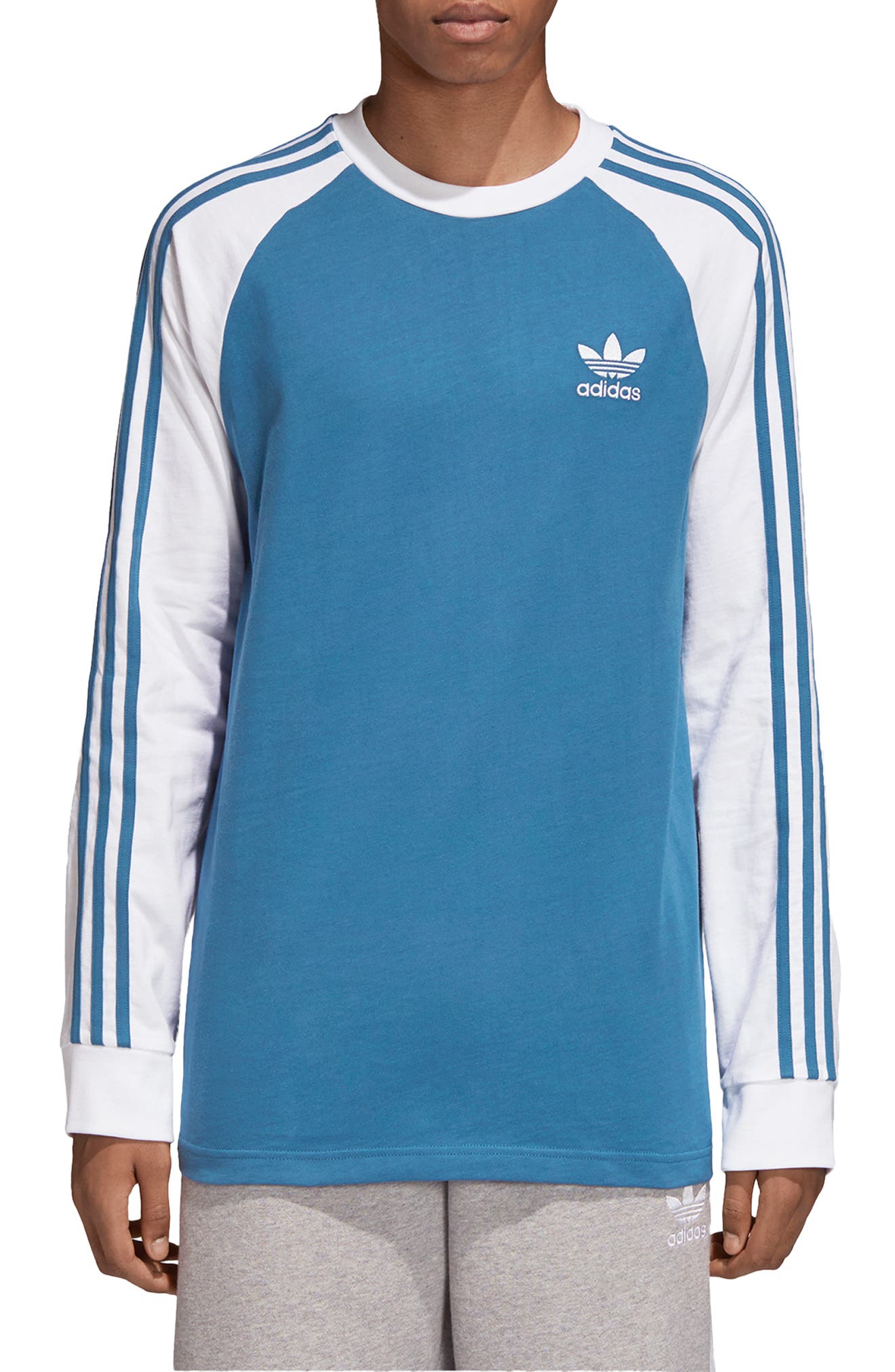 Adidas Originals 3-Stripes Long Sleeve Raglan T-Shirt, Blue