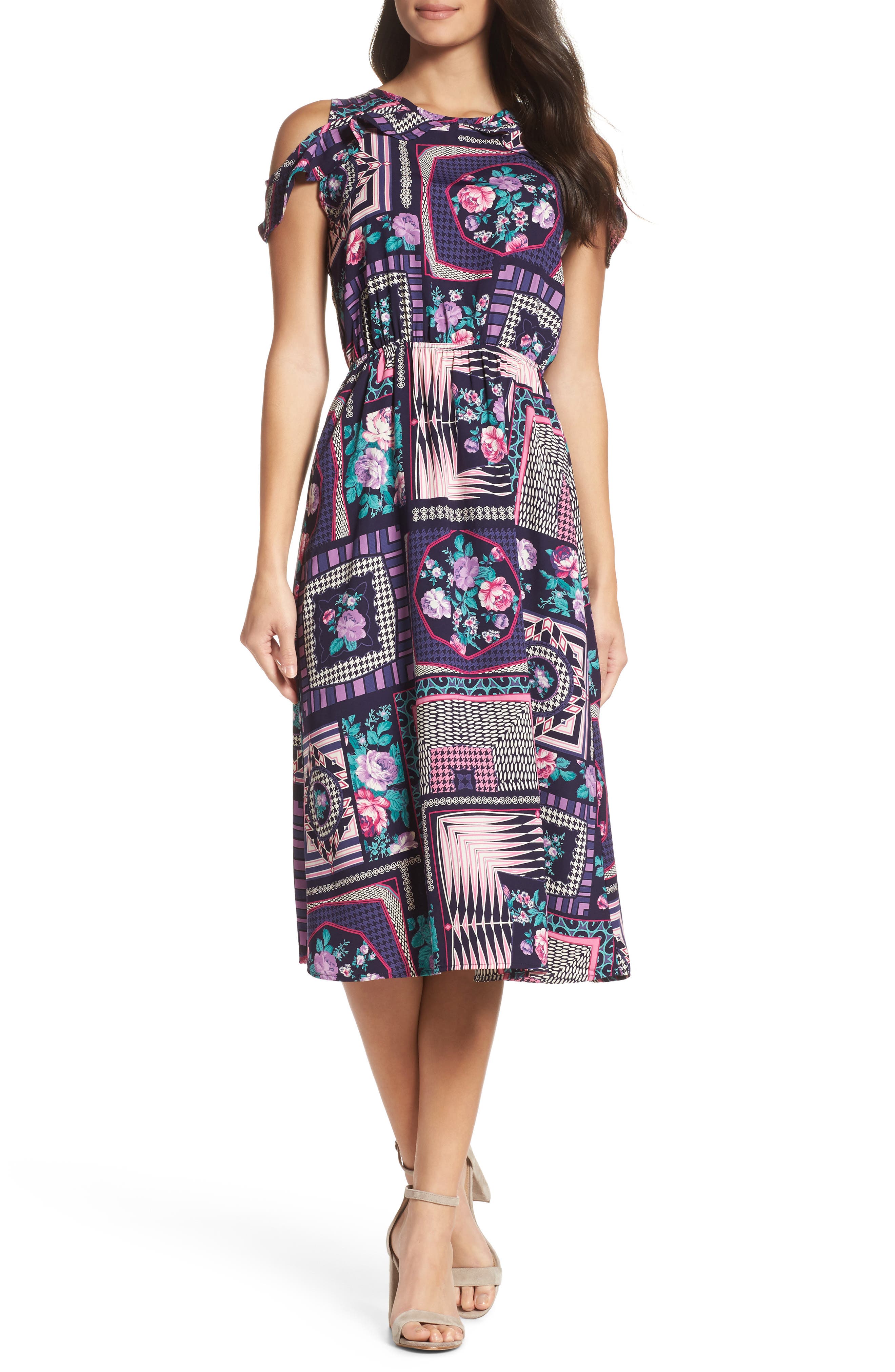 Fraiche By J Ruffle Cold Shoulder Dress, Blue