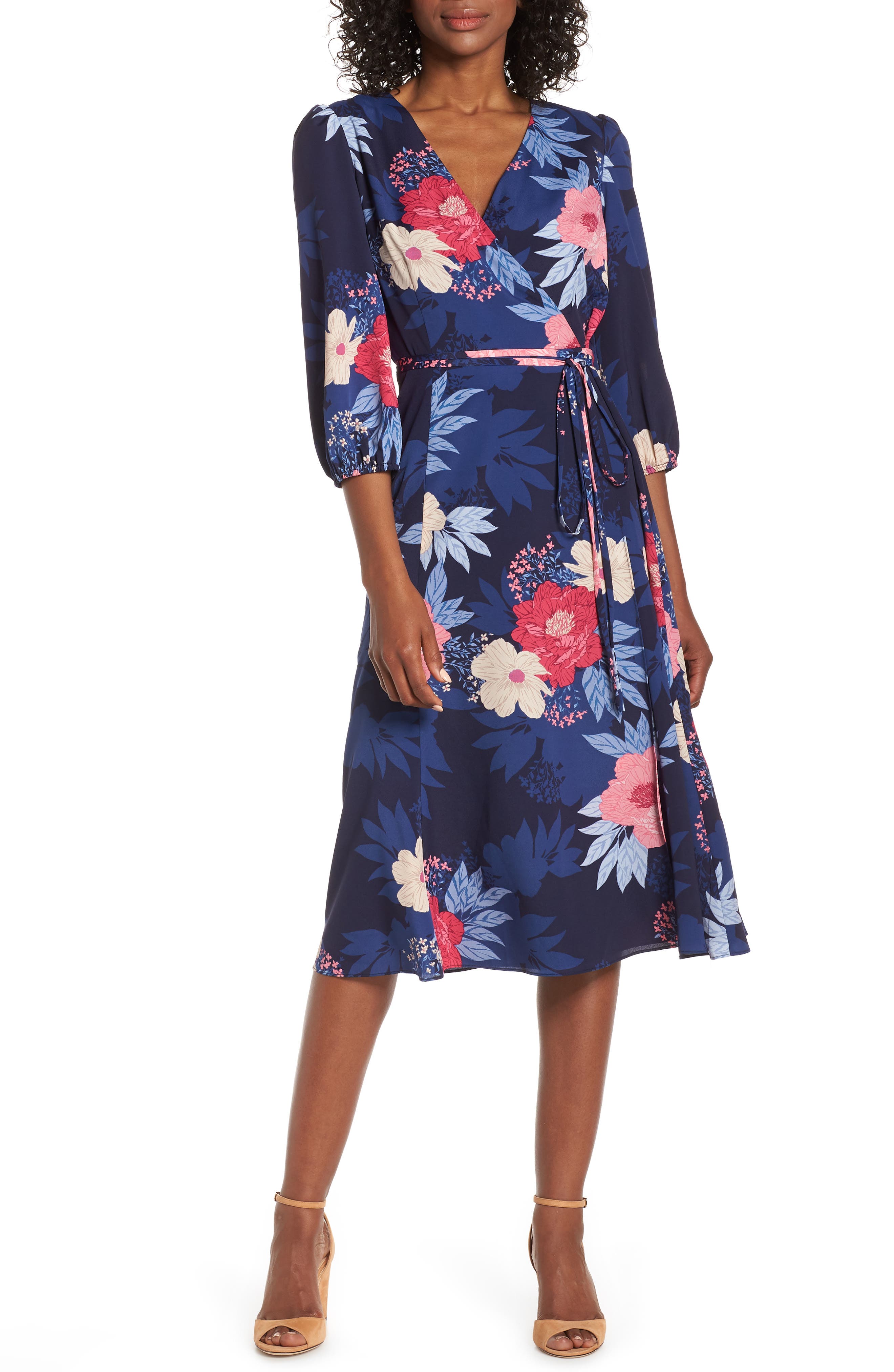 Eliza J Floral Print Faux Wrap Midi Dress, 8 (similar to 1) - Blue