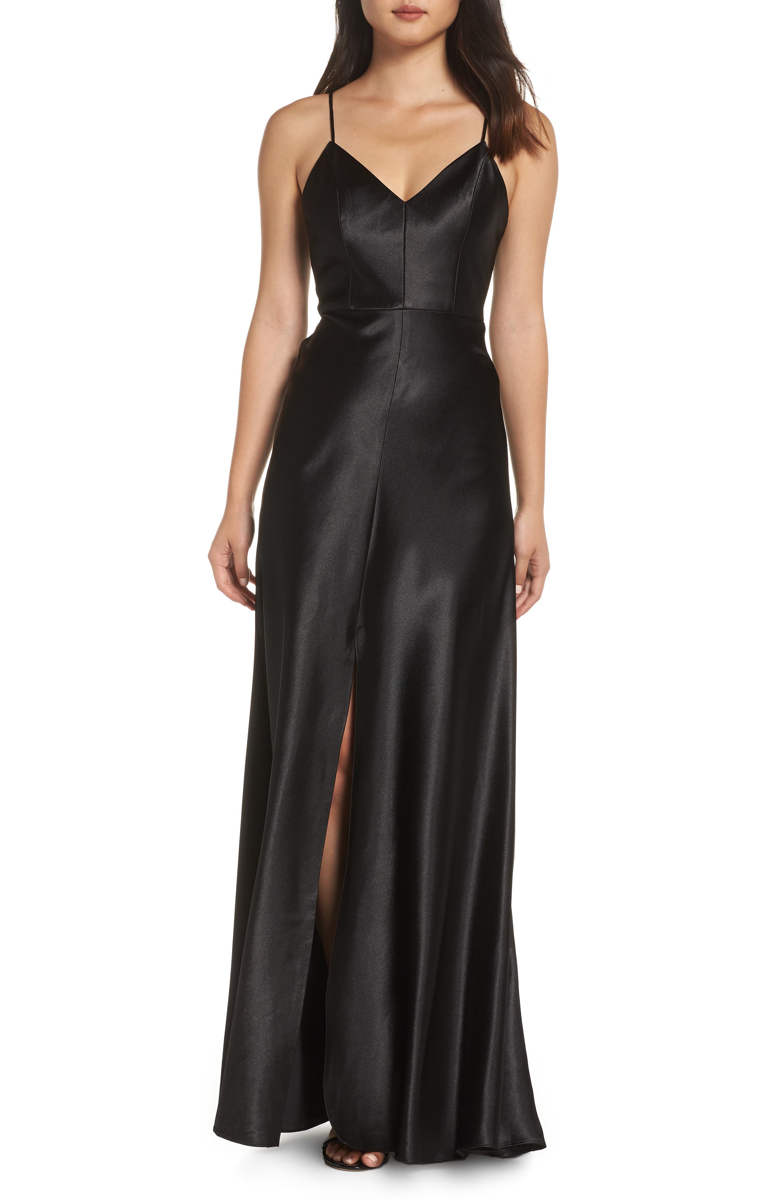 Jenny Yoo Dina V-Neck Satin Crepe Gown, Black