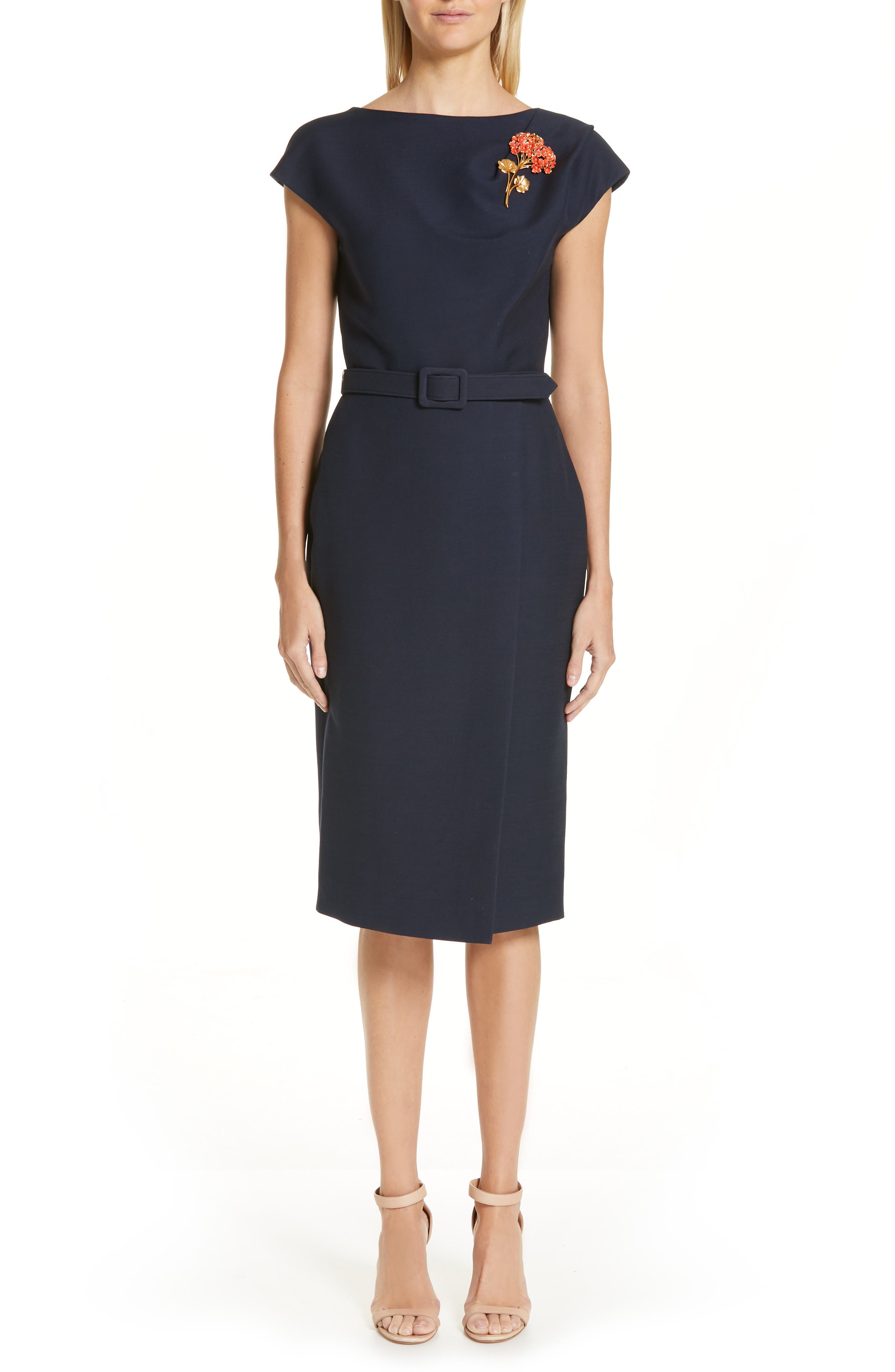 Oscar De La Renta Flower Brooch Belted Wool & Silk Midi Dress, Blue