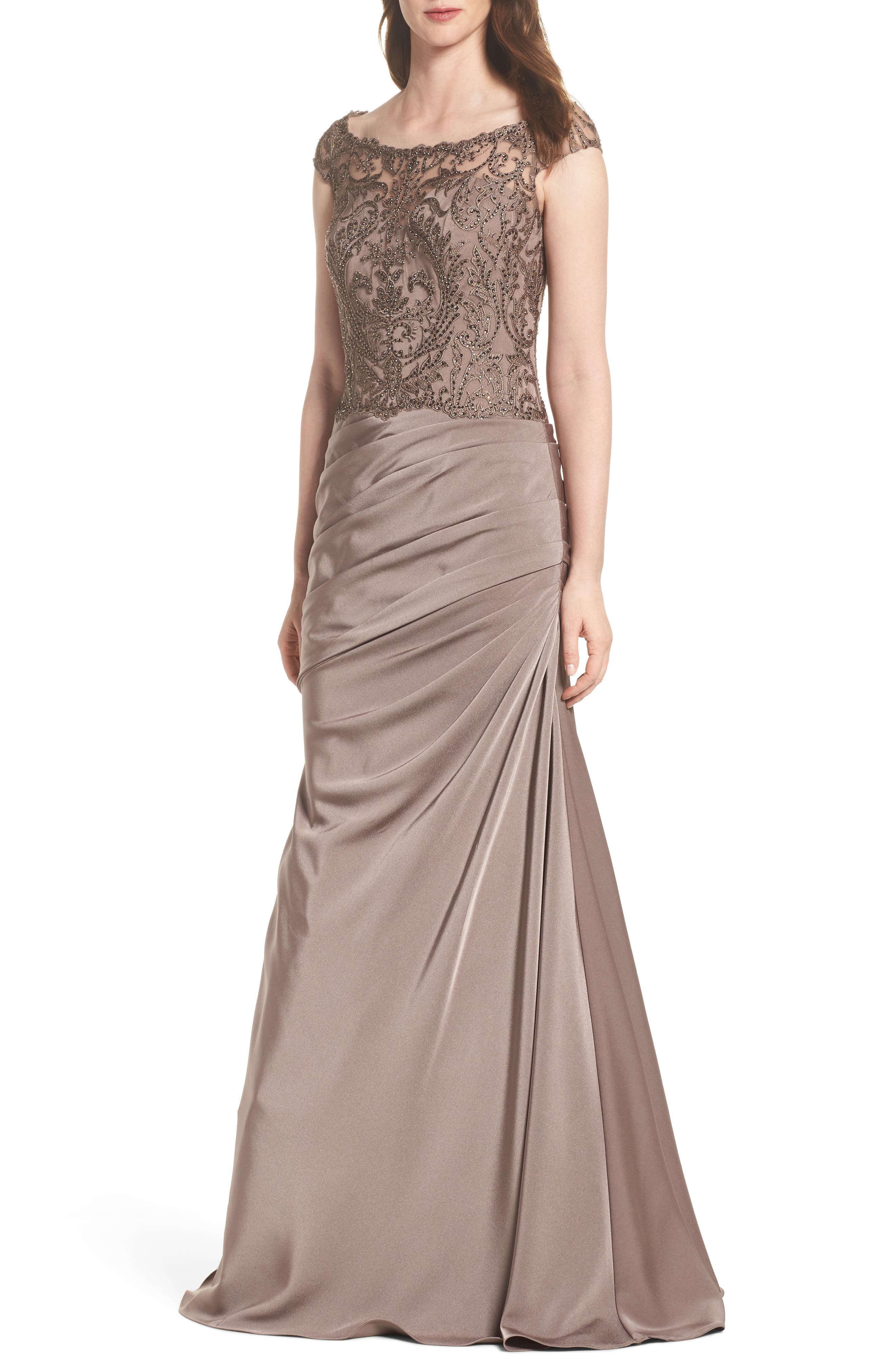 La Femme Beaded Lace Ruched Gown, Brown