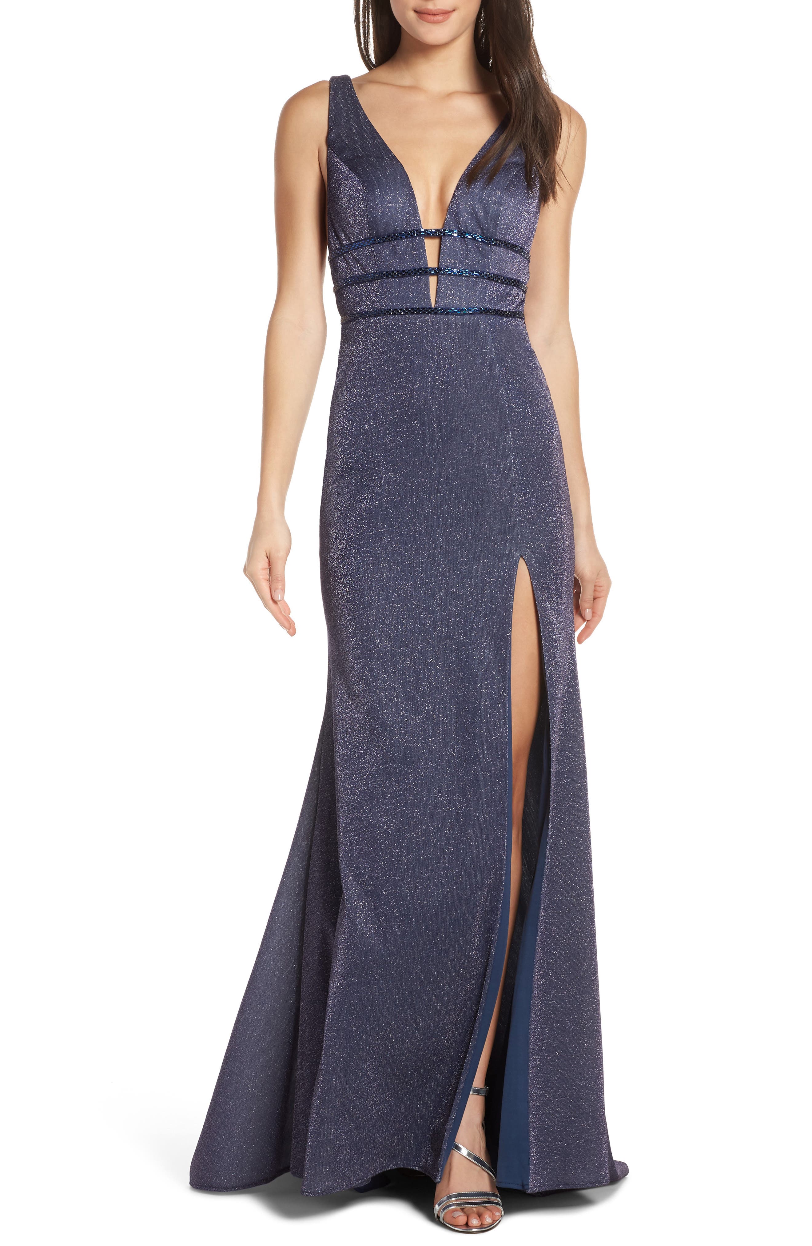 MAC Duggal Triple Band Beaded Waist Metallic Evening Dress, Blue