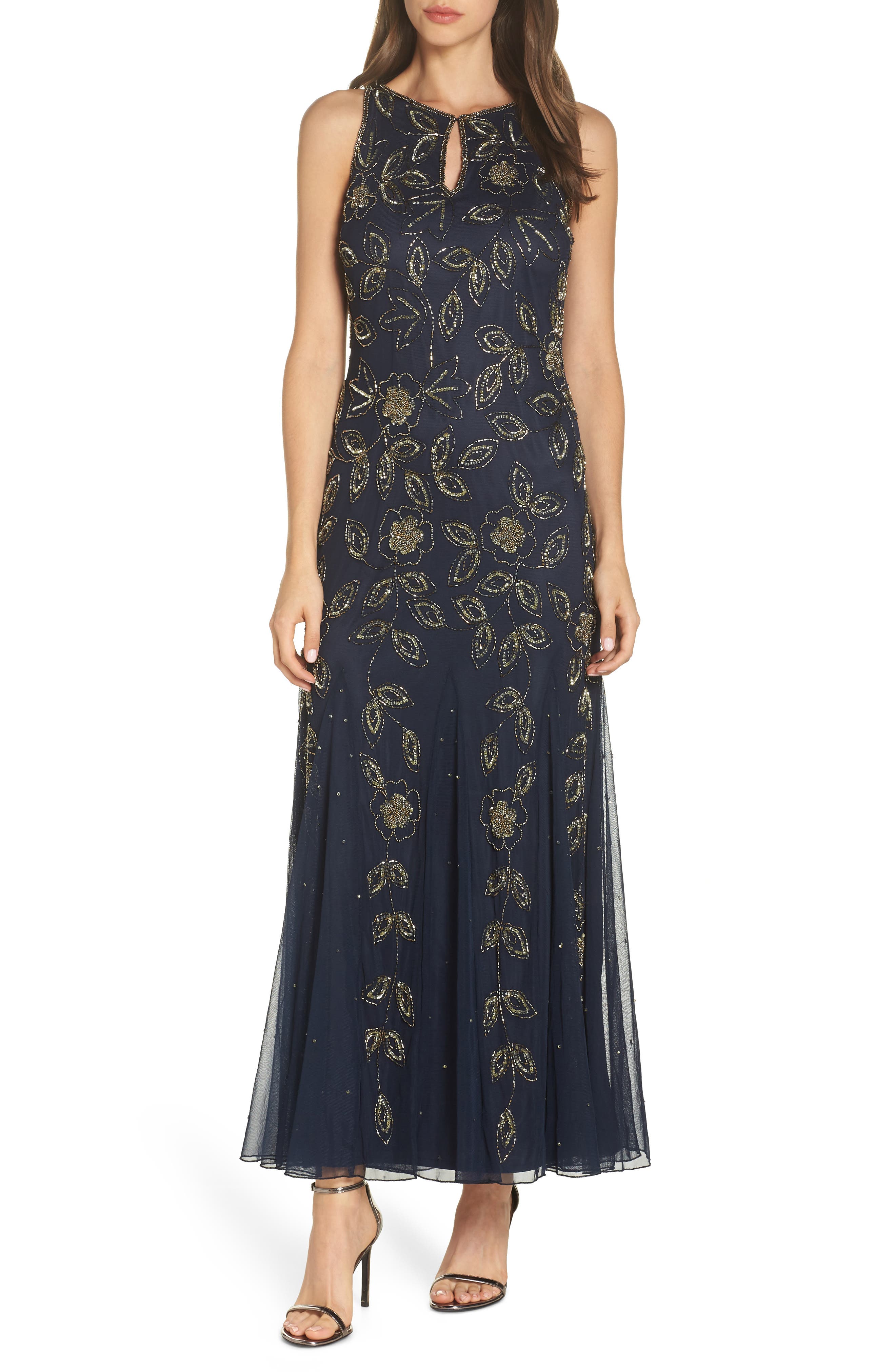 Pisarro Nights Beaded Godet Gown, Blue