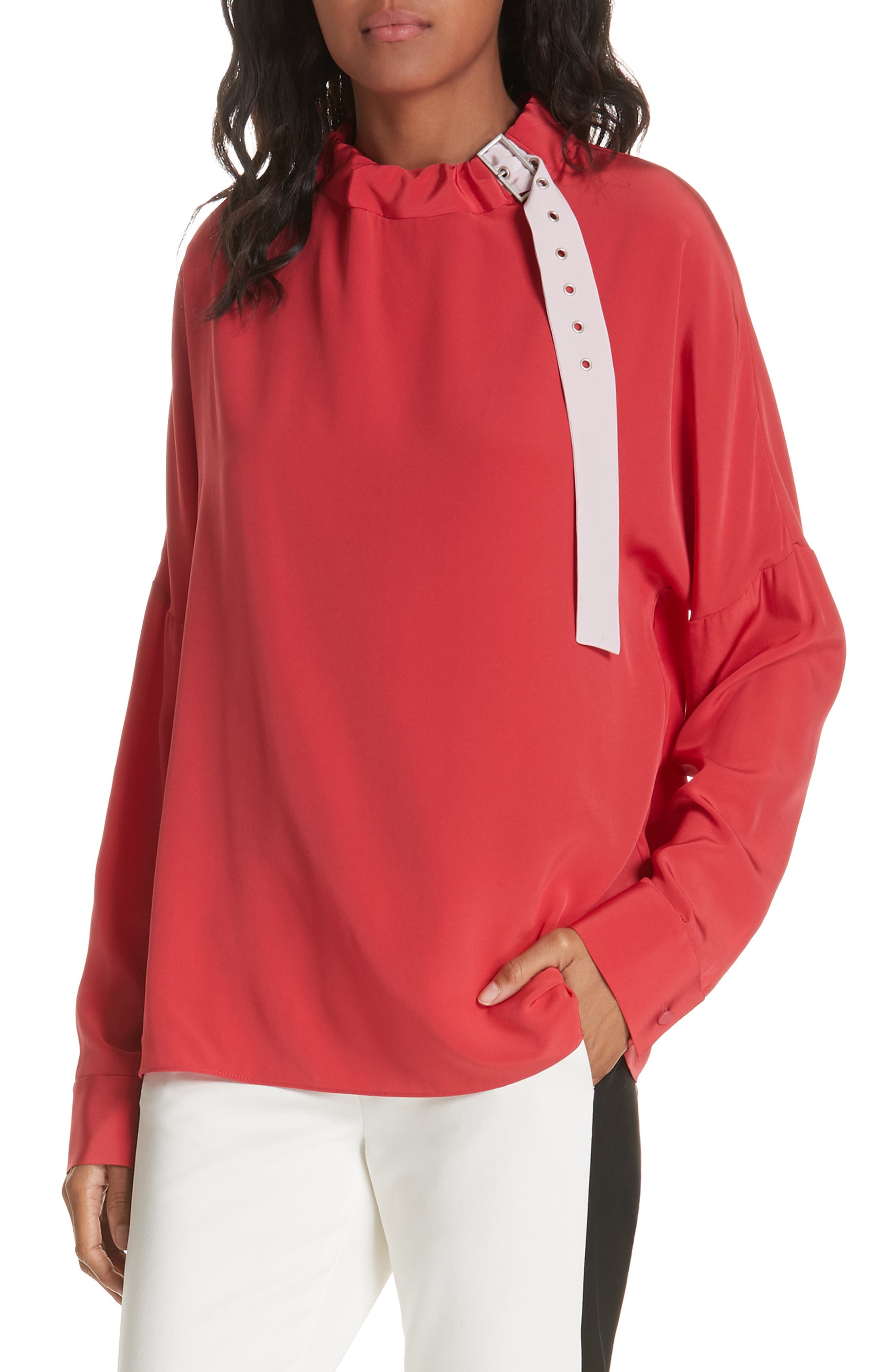 Tibi Silk Buckle Blouse, Red