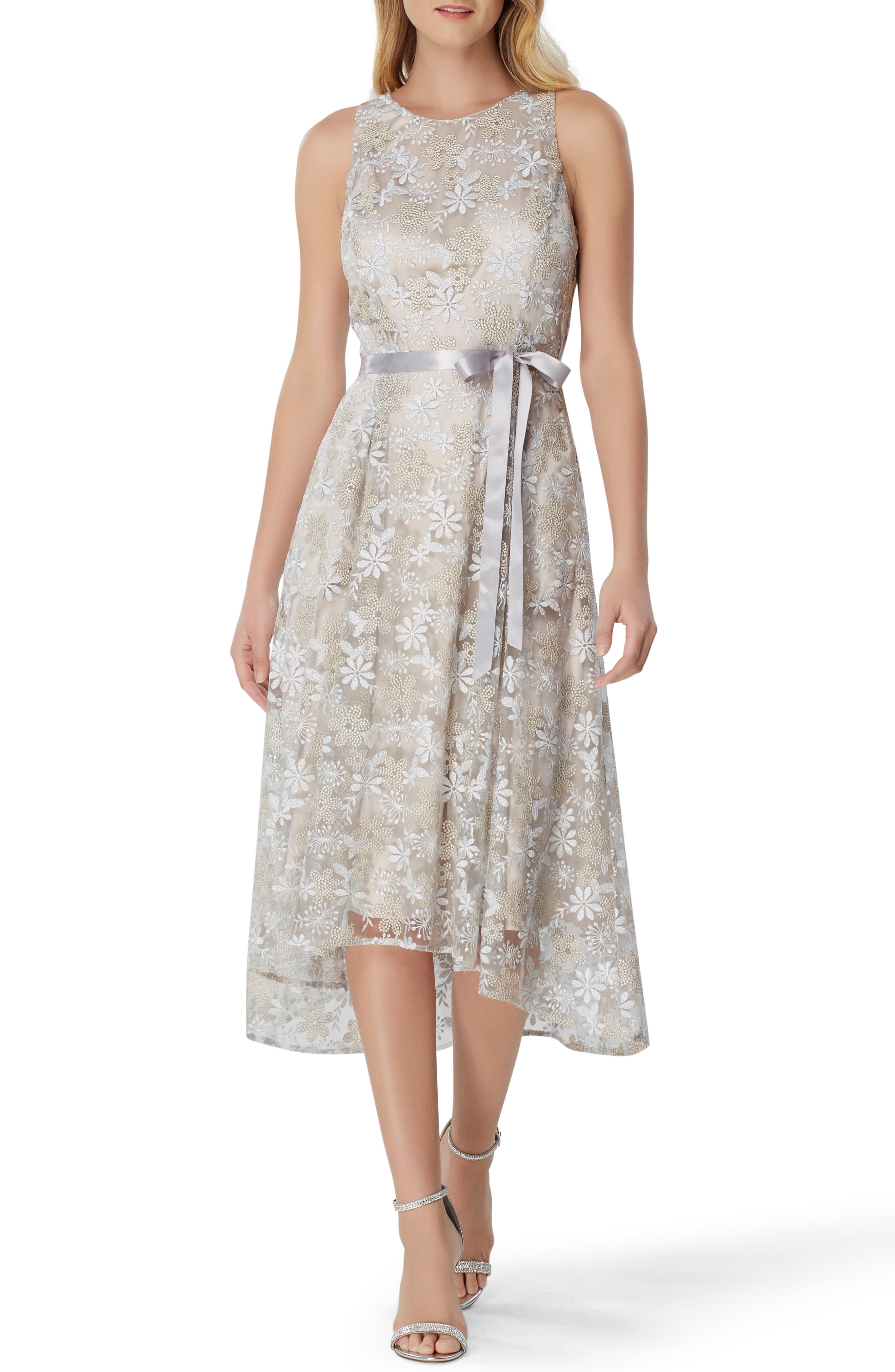 Tahari Embroidered Chiffon Midi Dress, Metallic