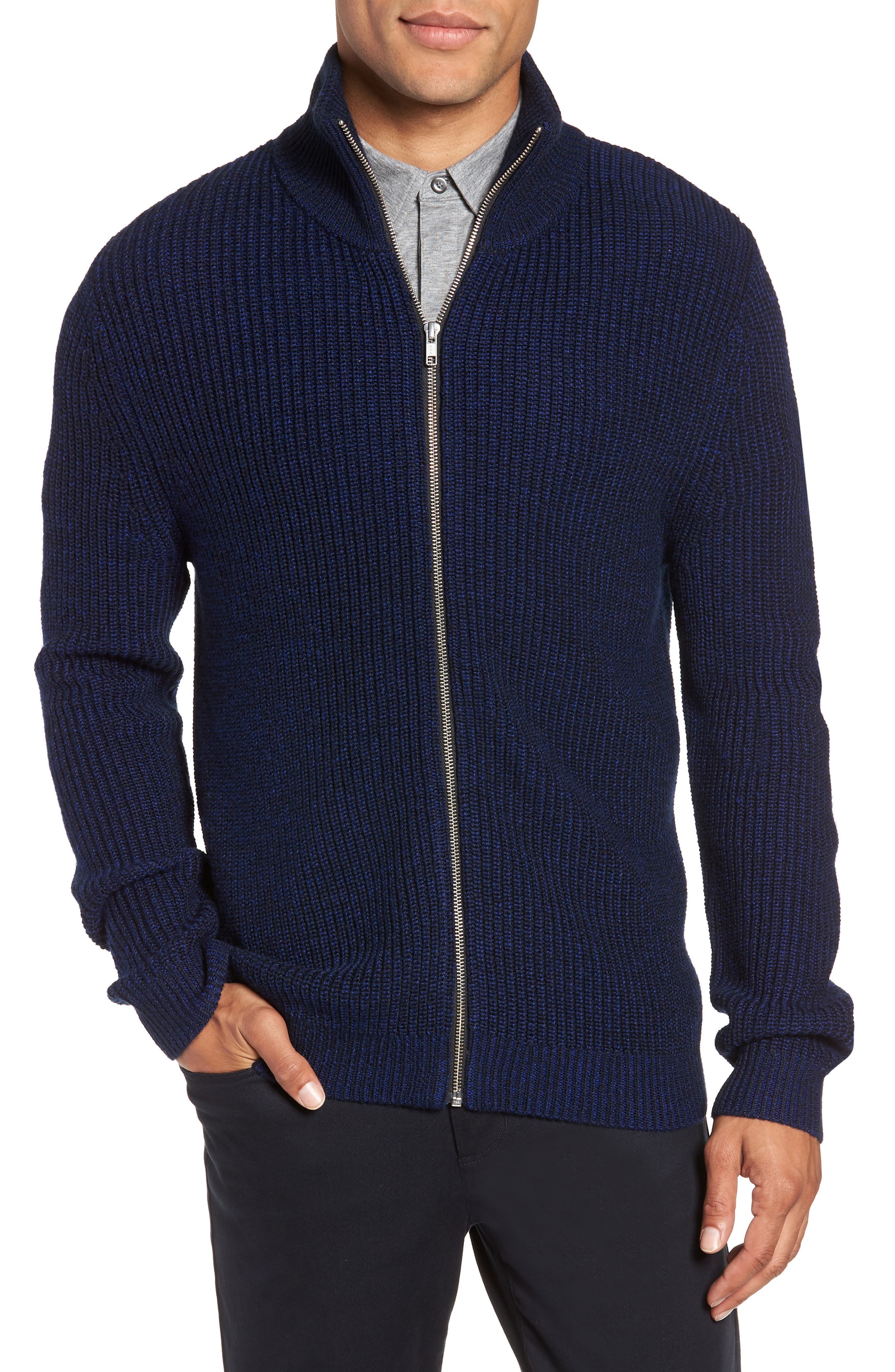 Calibrate Rib Knit Zip Sweater, Blue