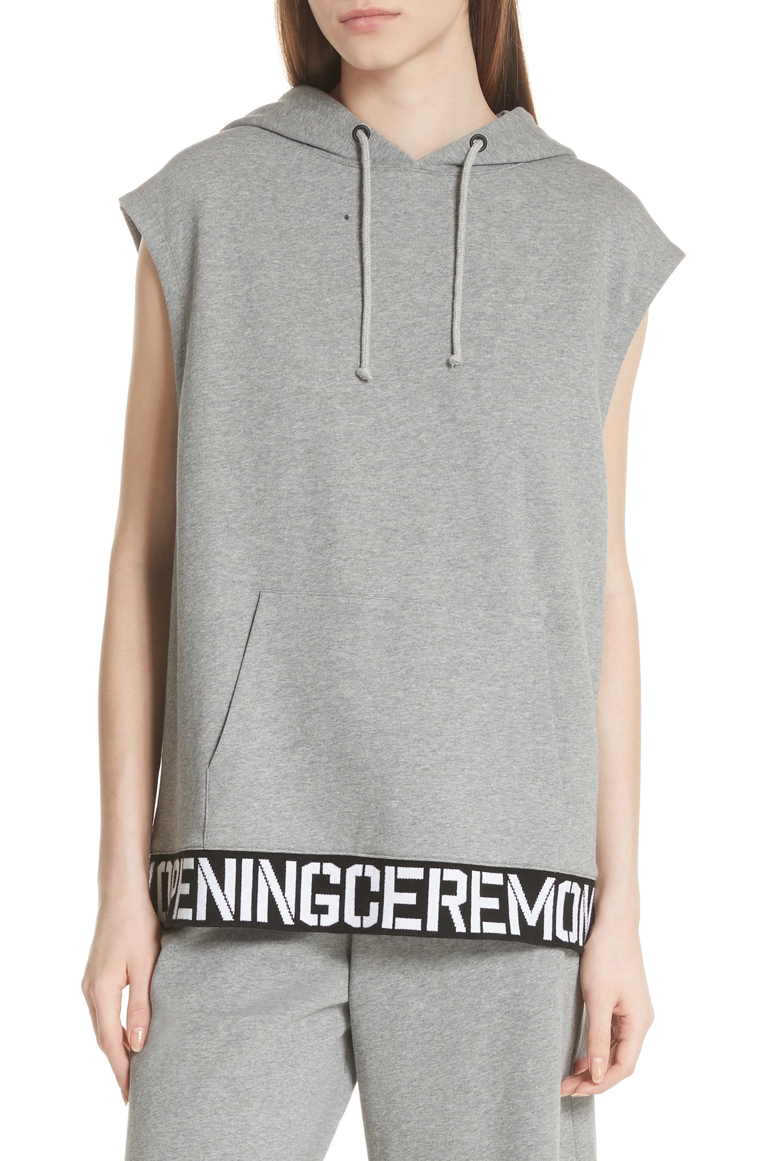 Opening Ceremony Stencil Hem Sleeveless Hoodie, Grey