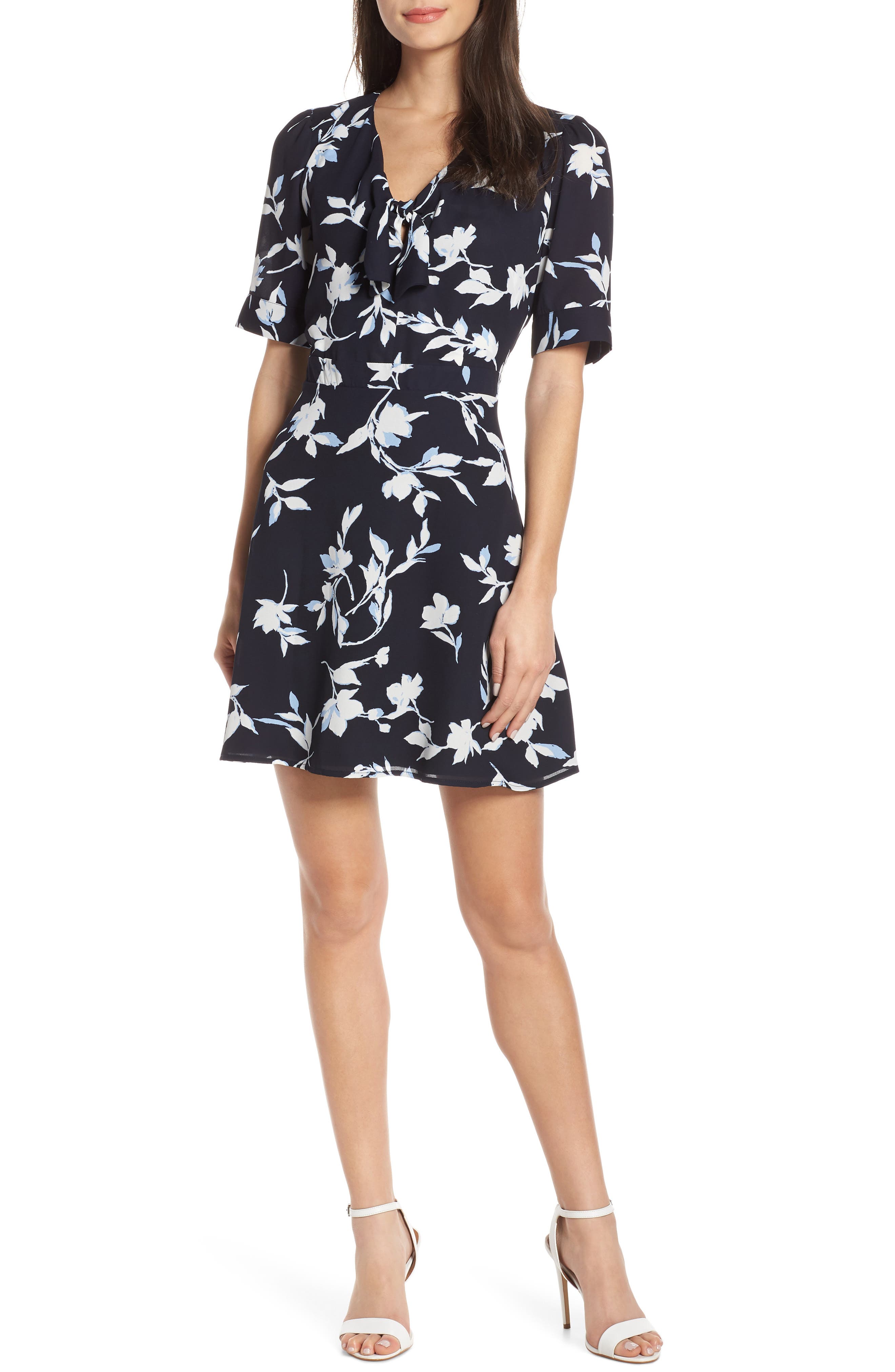Chelsea28 Tie Front Floral Print Fit & Flare Dress, Blue