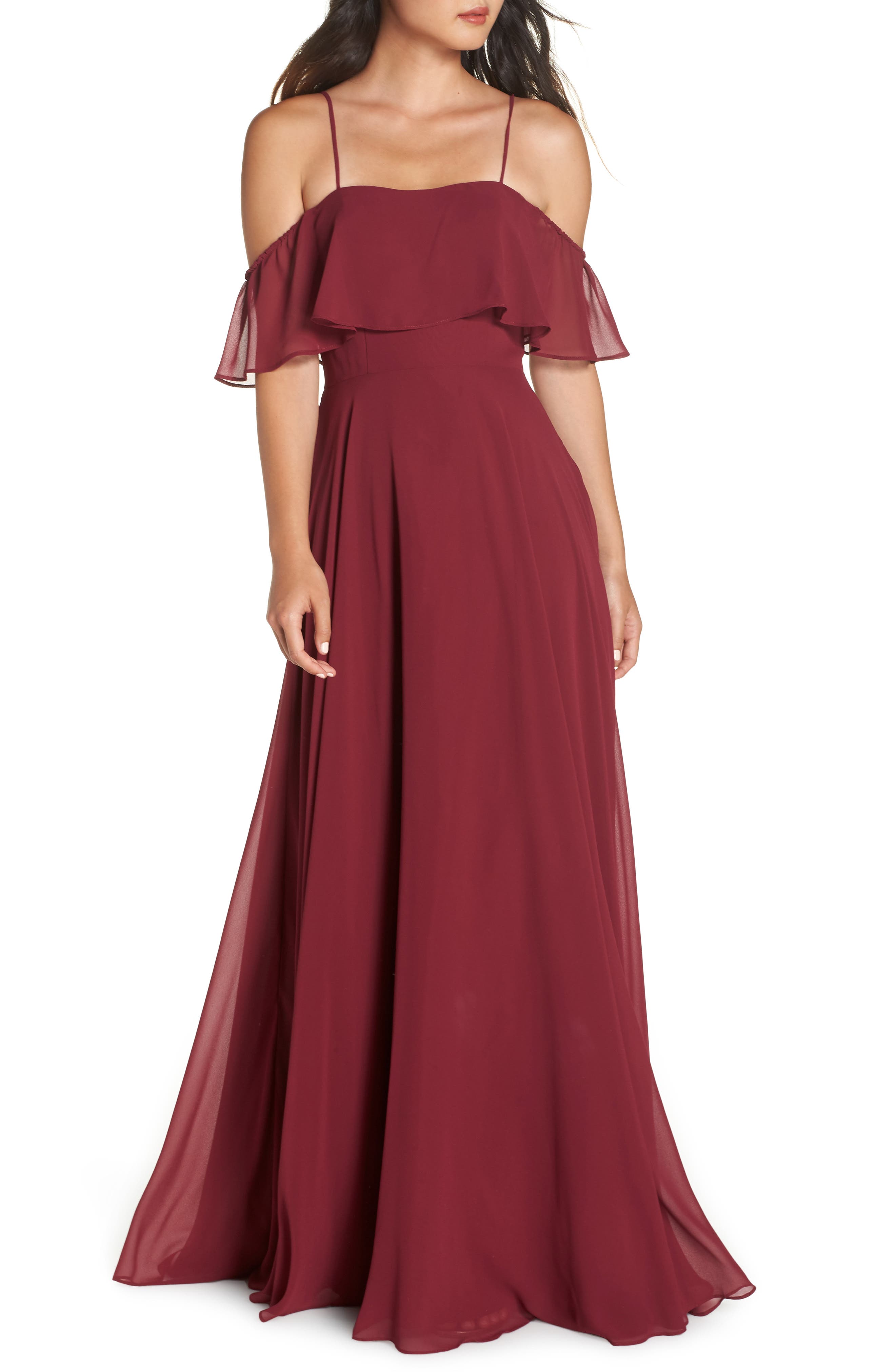 Hayley Paige Occasions Chiffon Cold Shoulder Gown, Burgundy