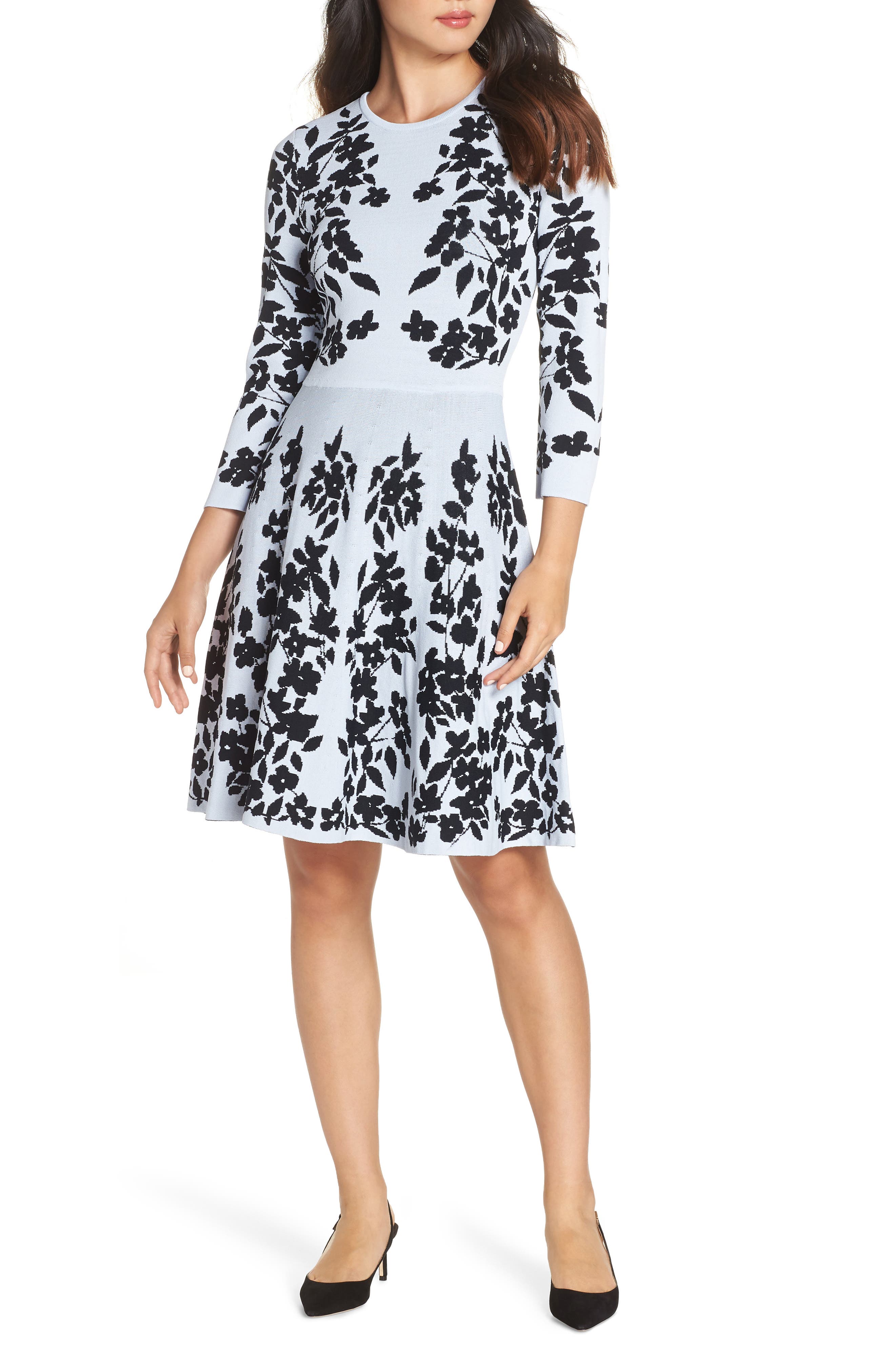 Eliza J Floral Fit & Flare Sweater Dress, Blue