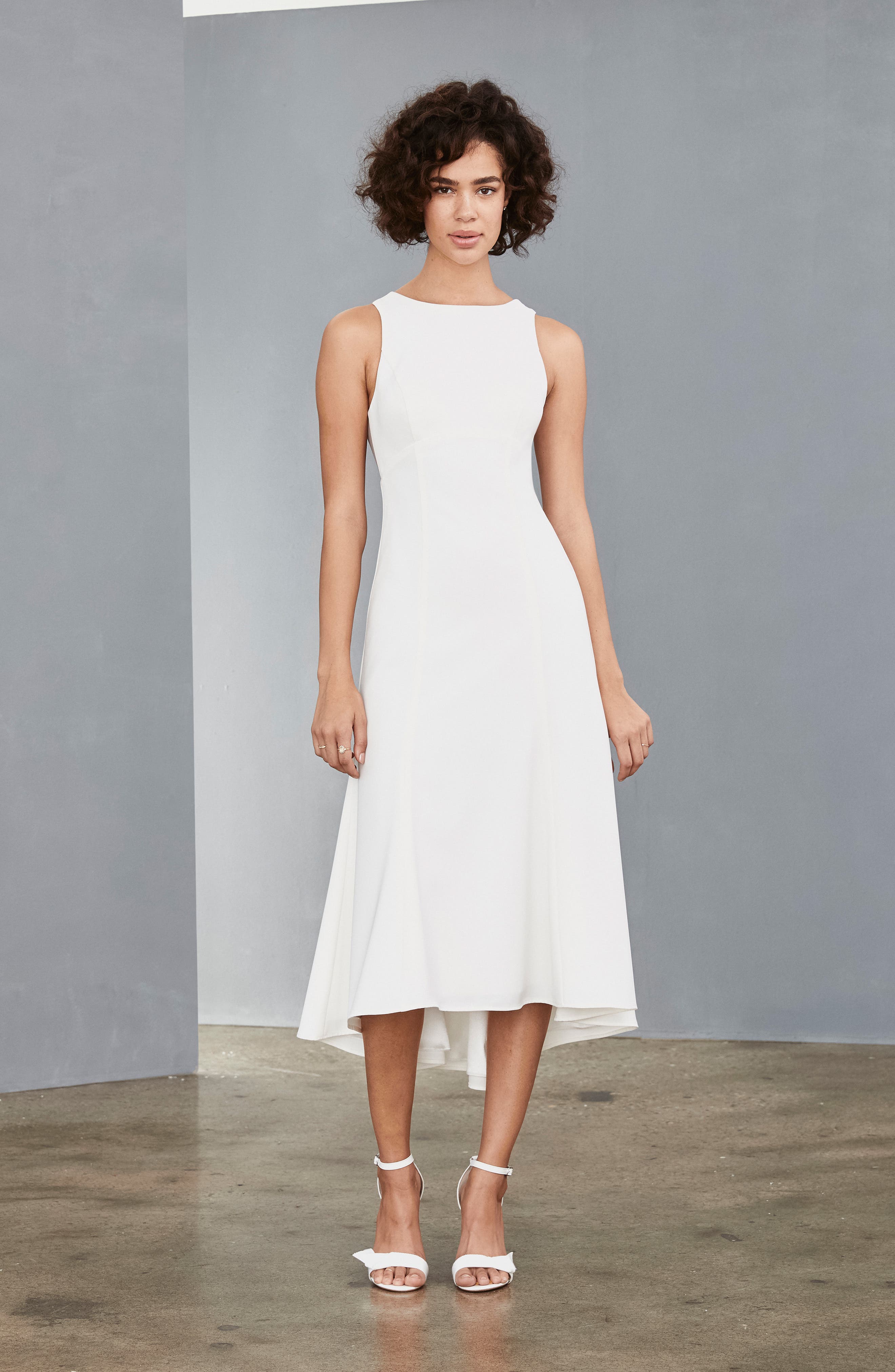 Amsale Mesh Back Crepe Tea Length Dress, Ivory