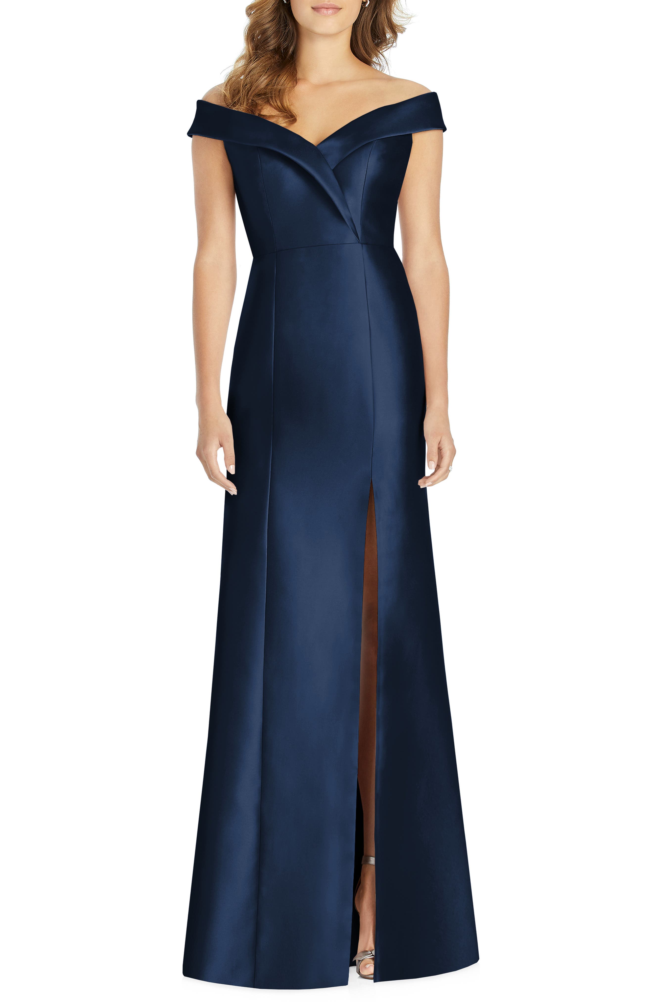 Alfred Sung Portrait Collar Satin Gown, Blue