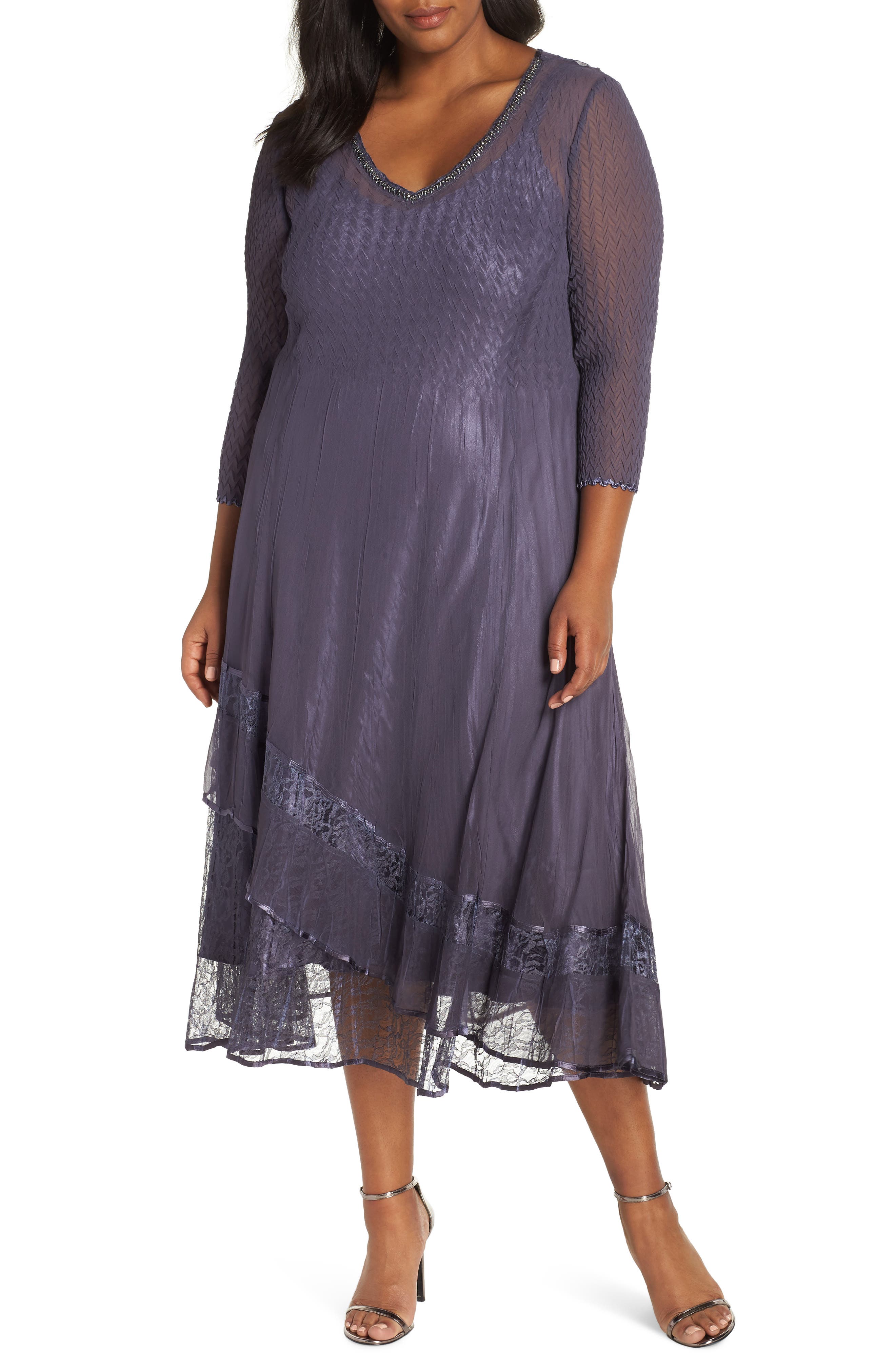 Plus Size Komarov Asymmetric Lace Hem Dress, Purple