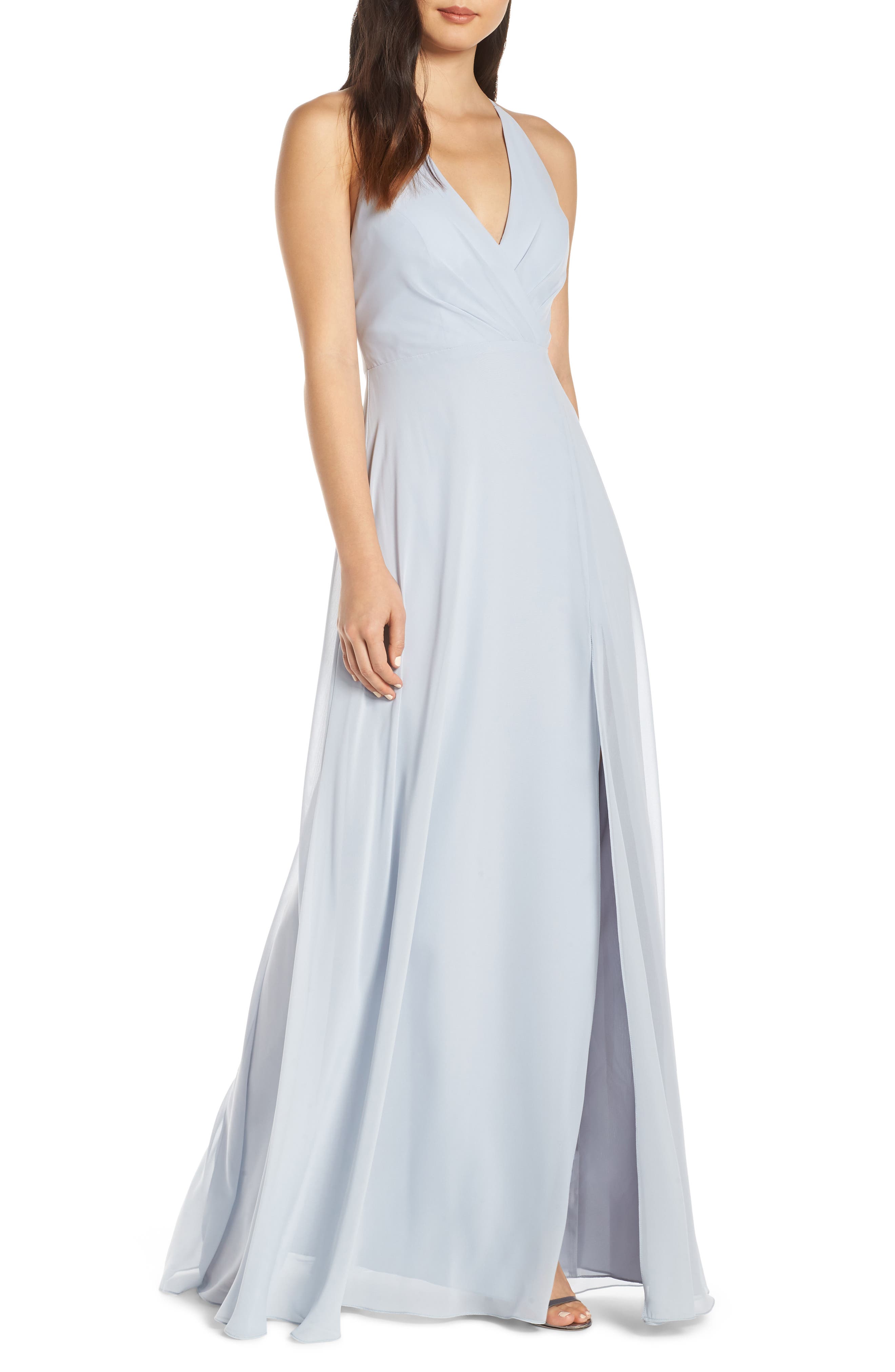Jenny Yoo Bryce Surplice V-Neck Chiffon Evening Dress, Blue
