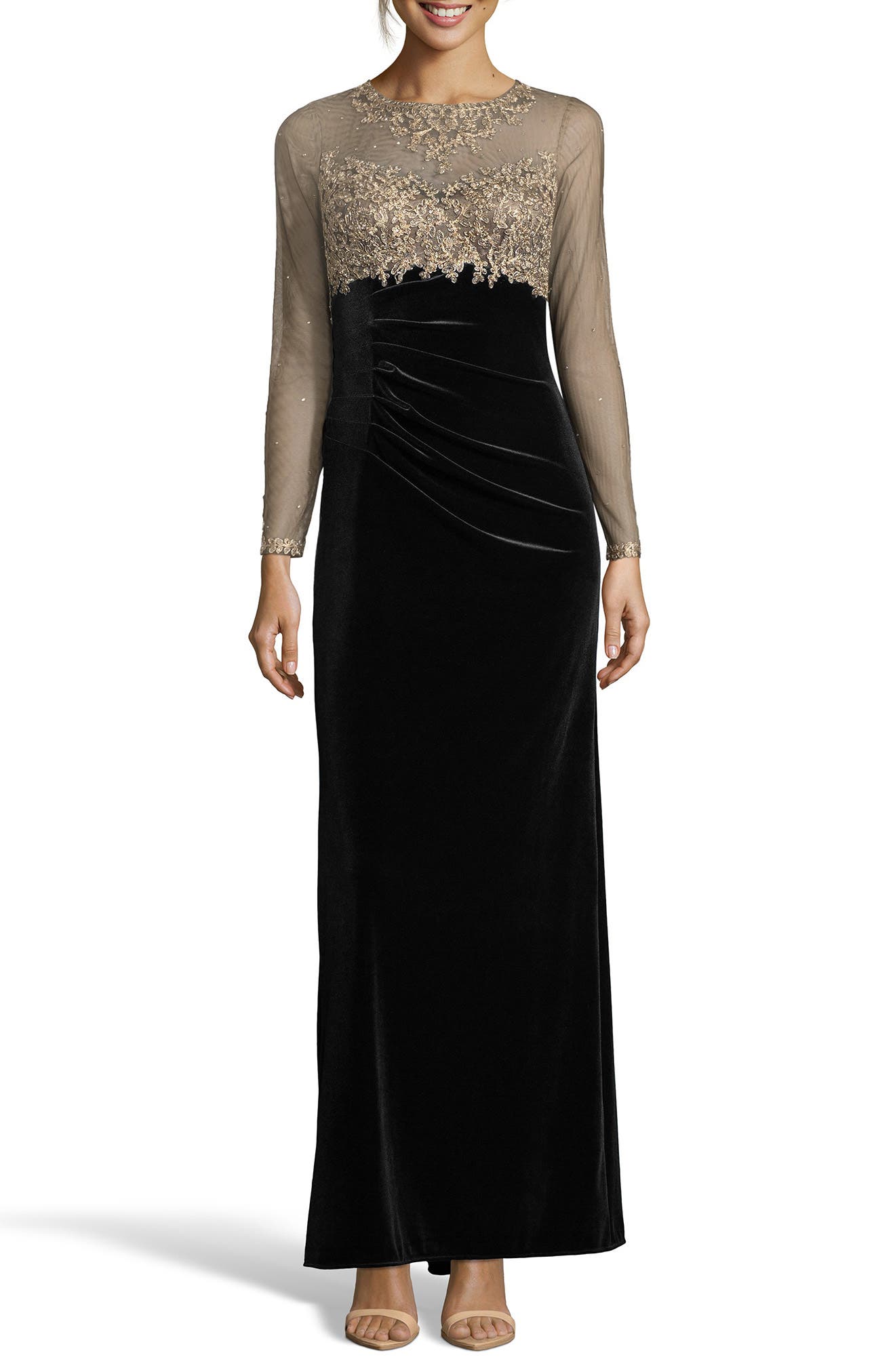 Xscape Illusion Bodice Velvet Gown, Black