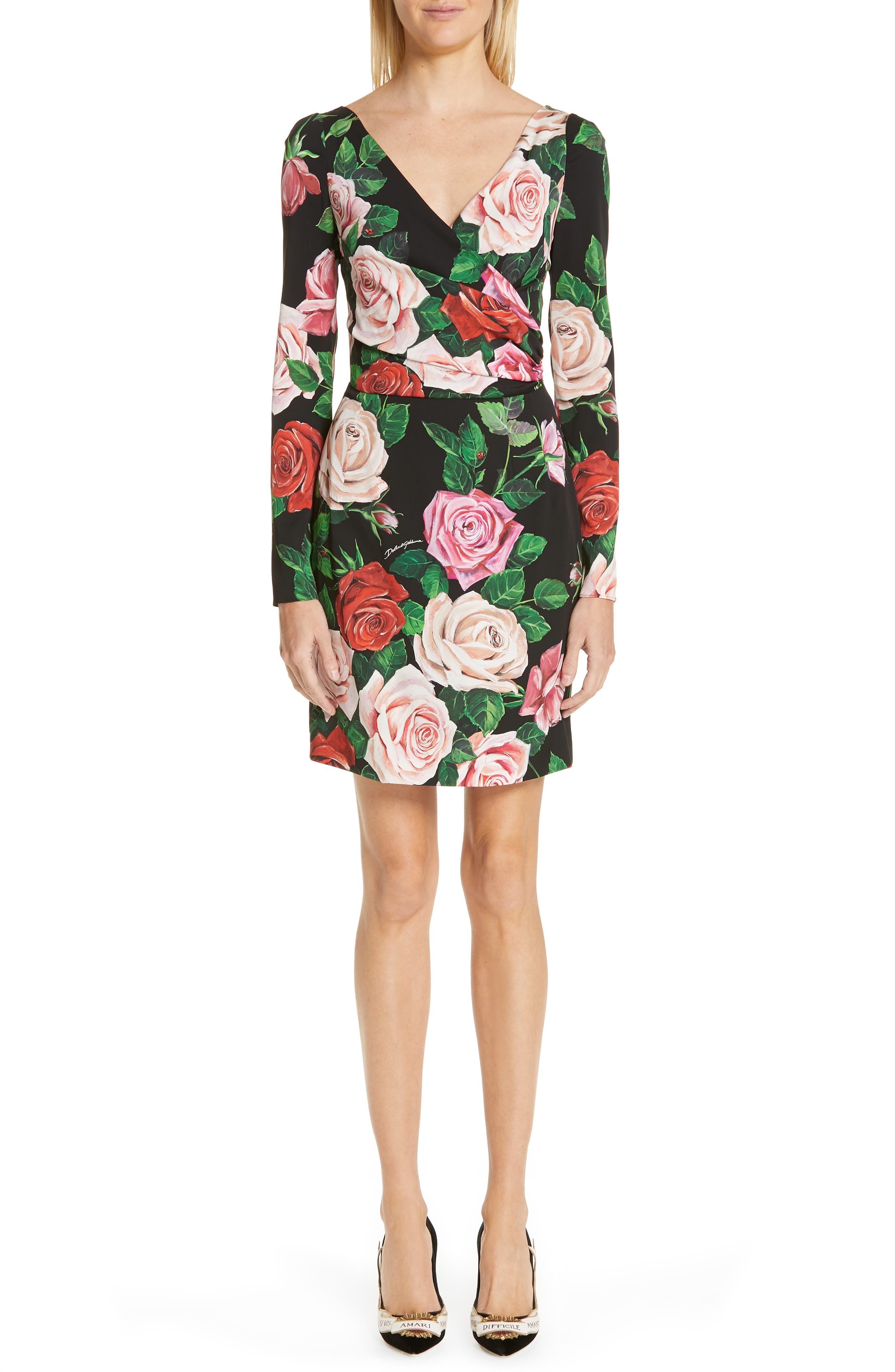 Dolce & gabbana Rose Print Stretch Silk Dress, US / 40 IT - Black