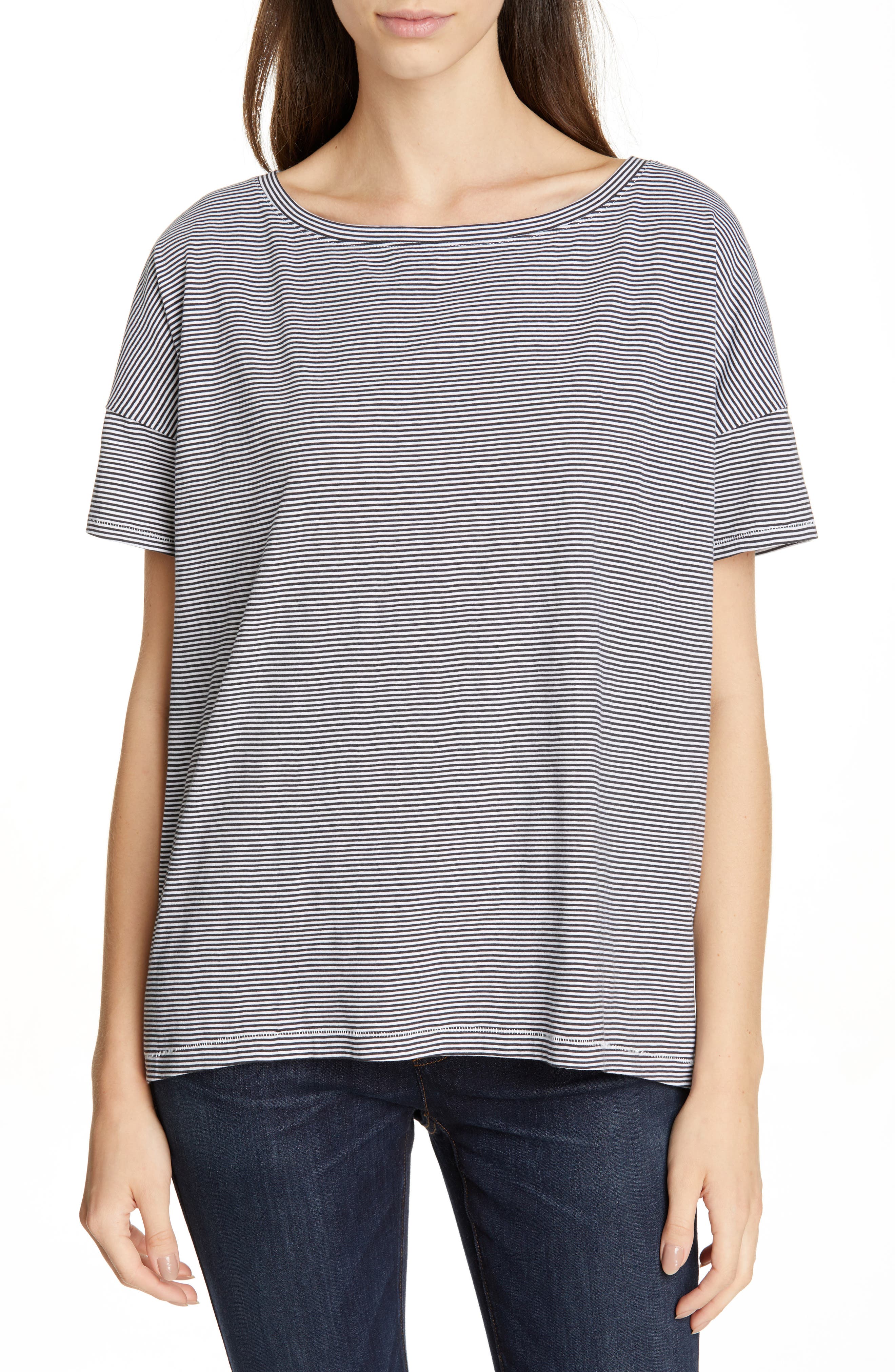 Petite Eileen Fisher Bateau Neck Stripe Tee, White