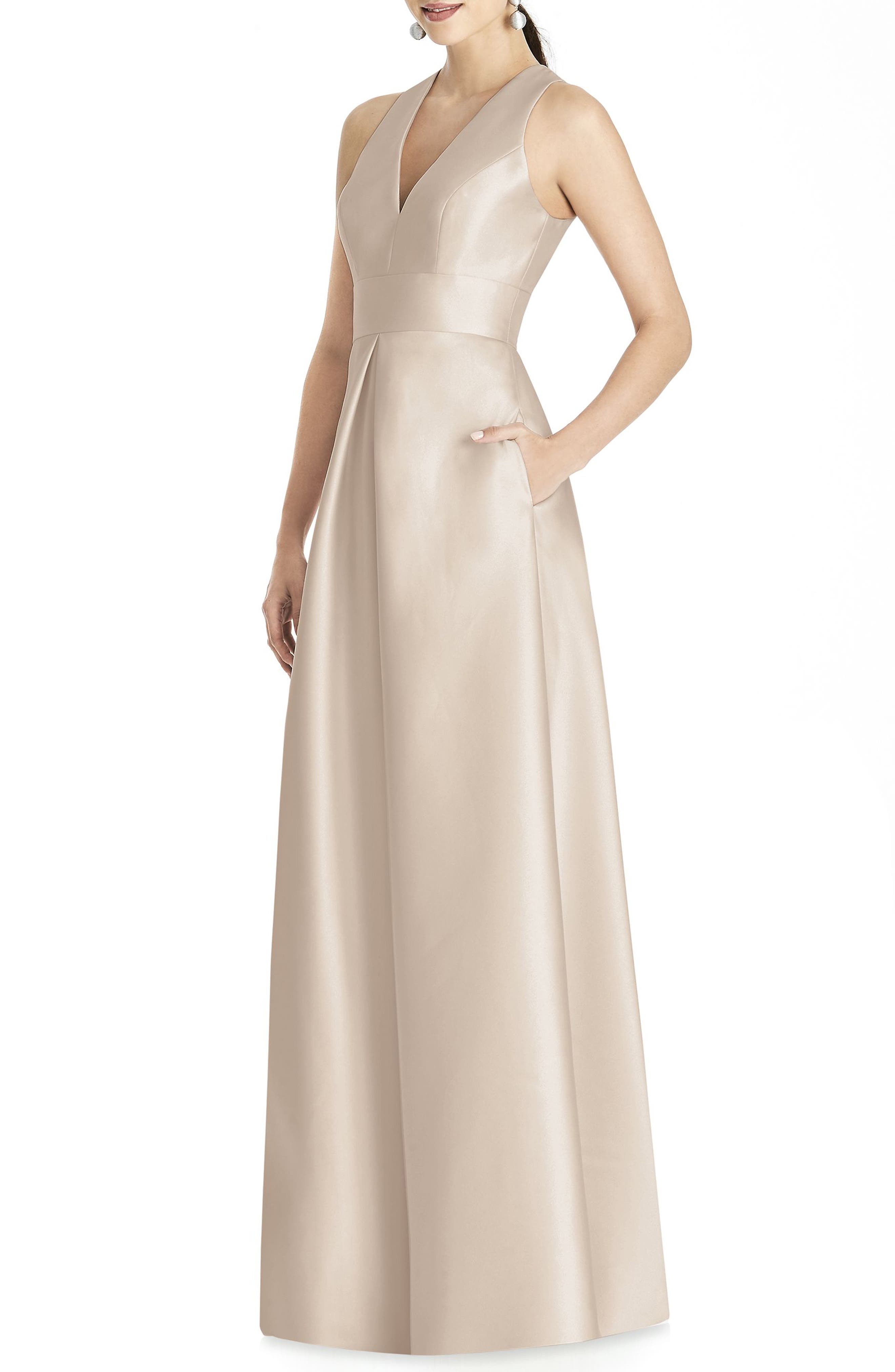 Alfred Sung Sleeveless Sateen Gown, Beige