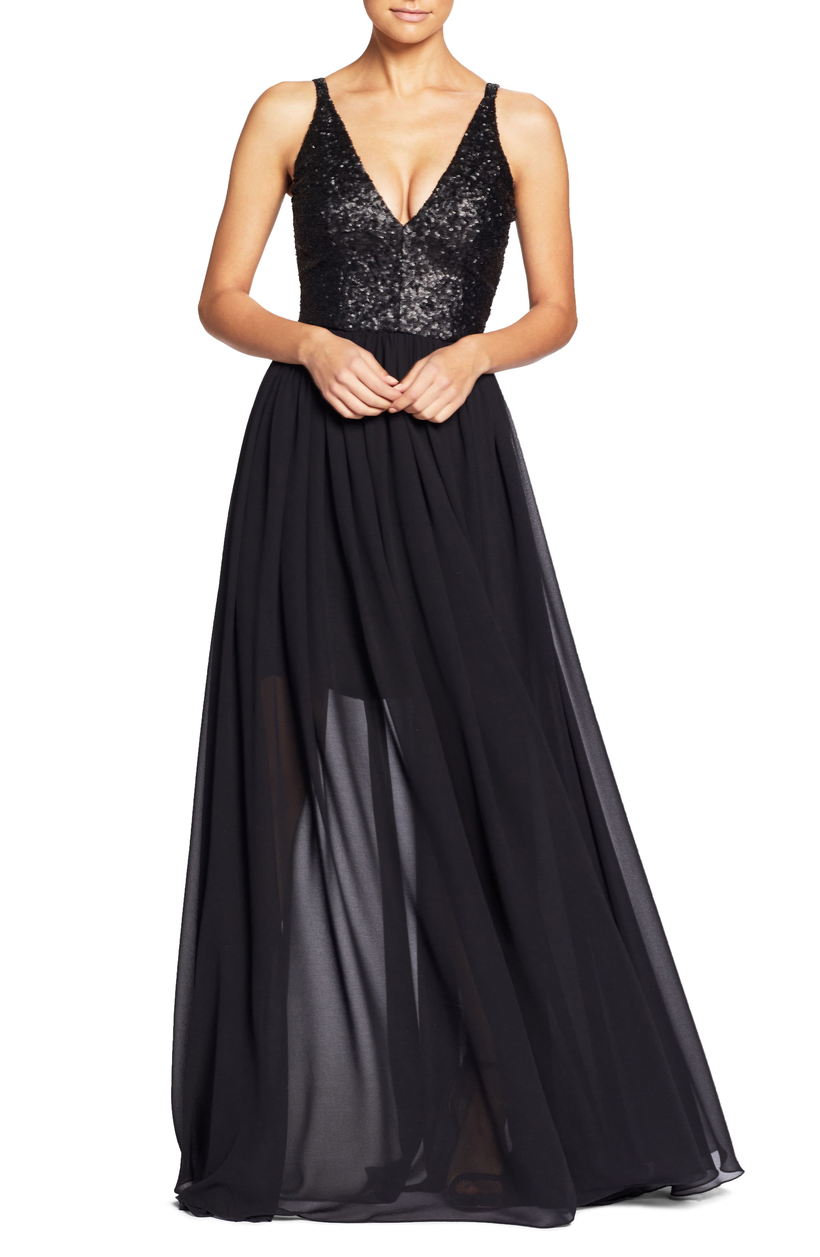 Dress The Population Lori Sequin Plunging Chiffon Gown, Black