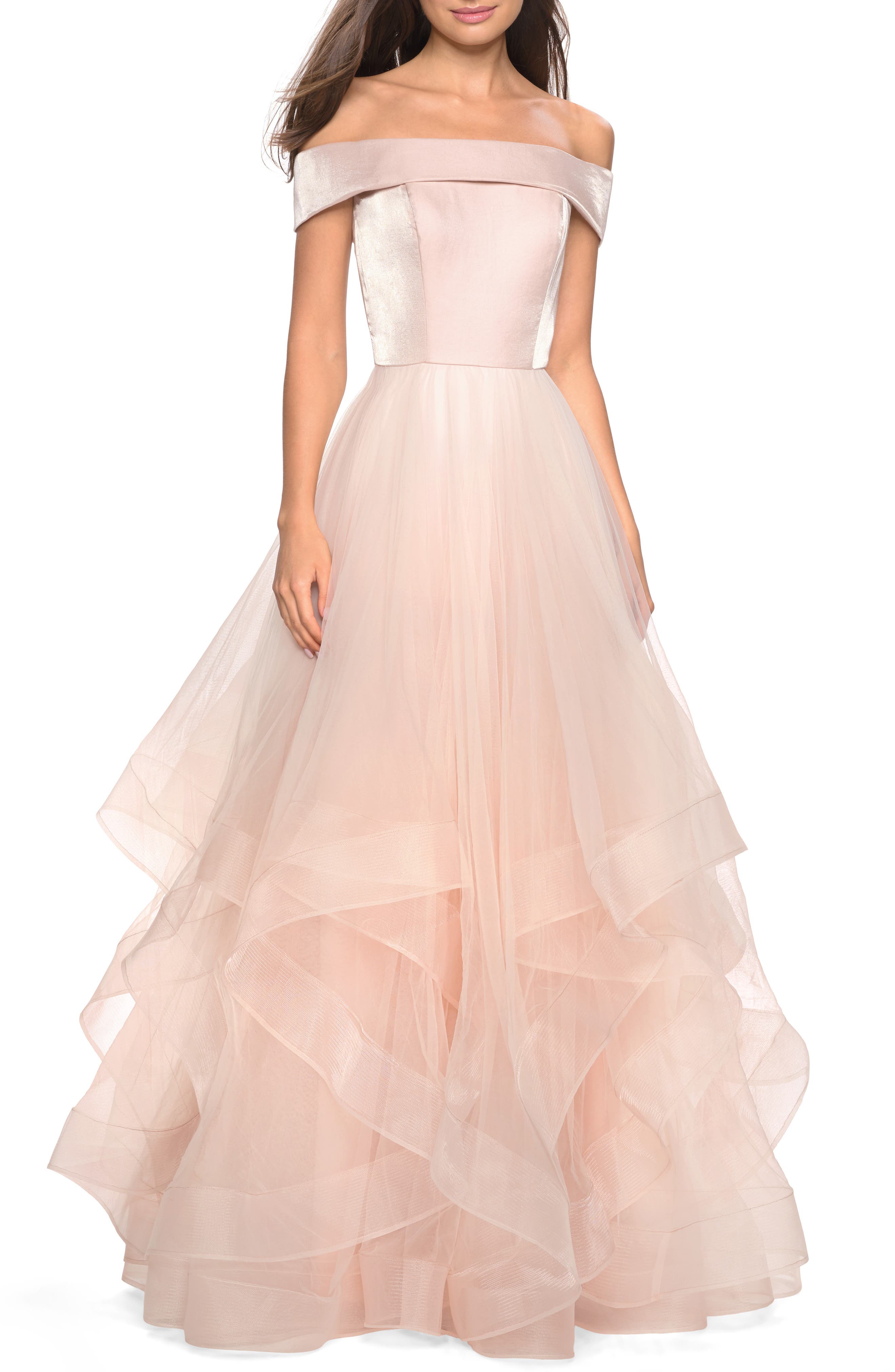 La Femme Off The Shoulder Evening Dress, Pink
