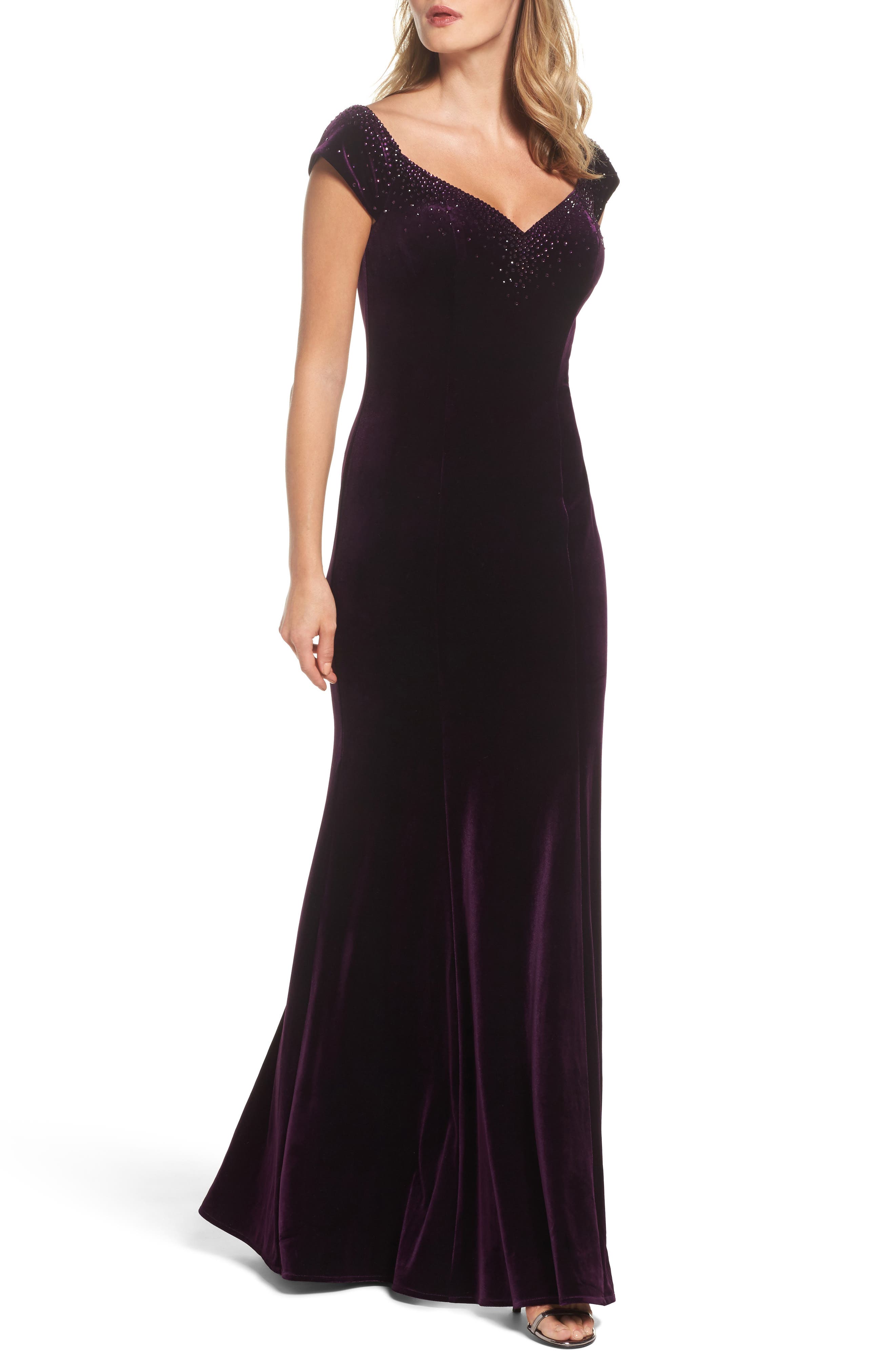 La Femme Sweetheart Rhinestone Velvet Gown, Purple